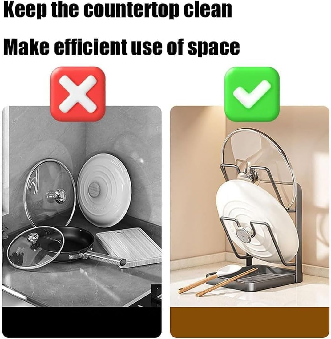 Kitchen Pot Lid Storage Rack, Pot Lid Holder with Tray, Lid Holder While Cooking, Lid and Spoon Rest, Multifunctional Kitchen Organizer Stand for Stove Top image number 4