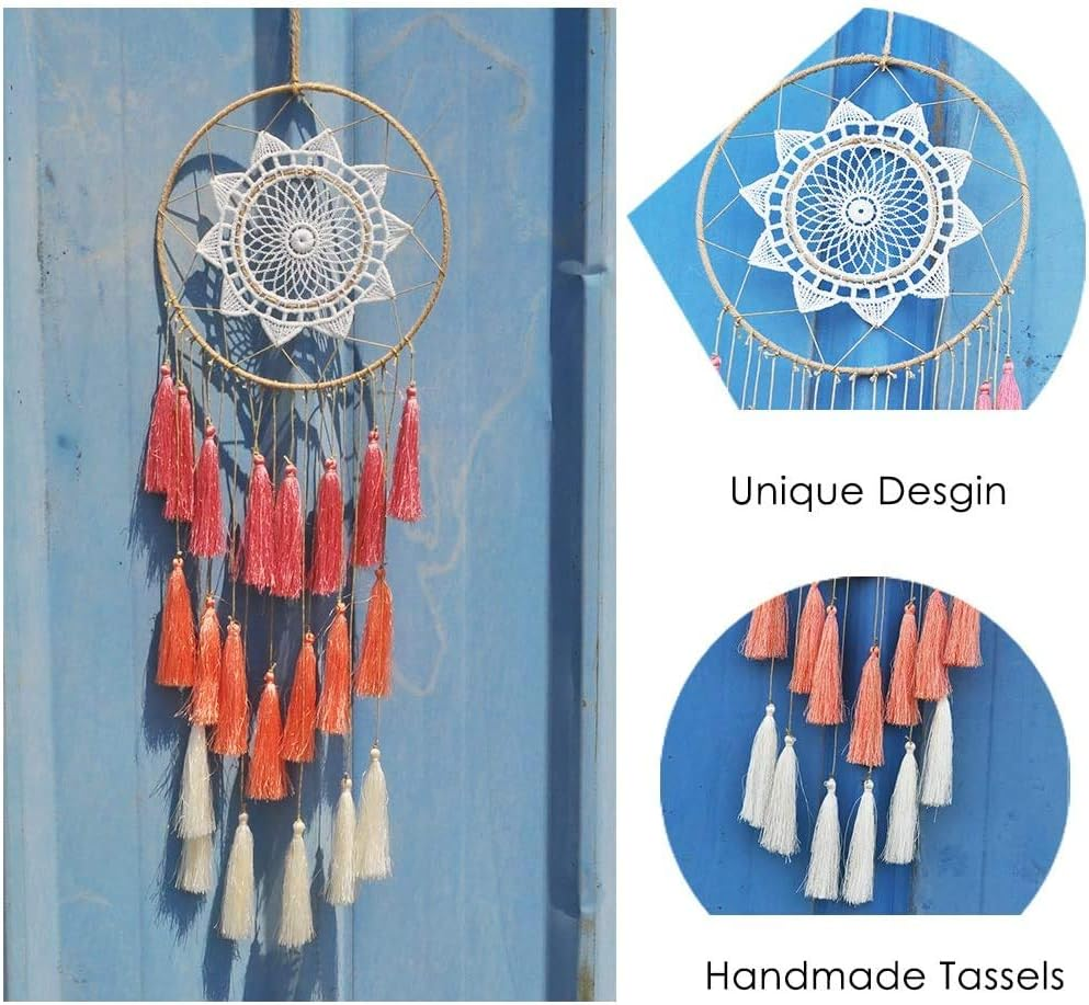 Macrame Dream Catchers for Bedroom Tassel Wall Hanging Handmade Dreamcatchers Home Decor with Ornament Craft Blessing Gift(Red Pink) image number 2