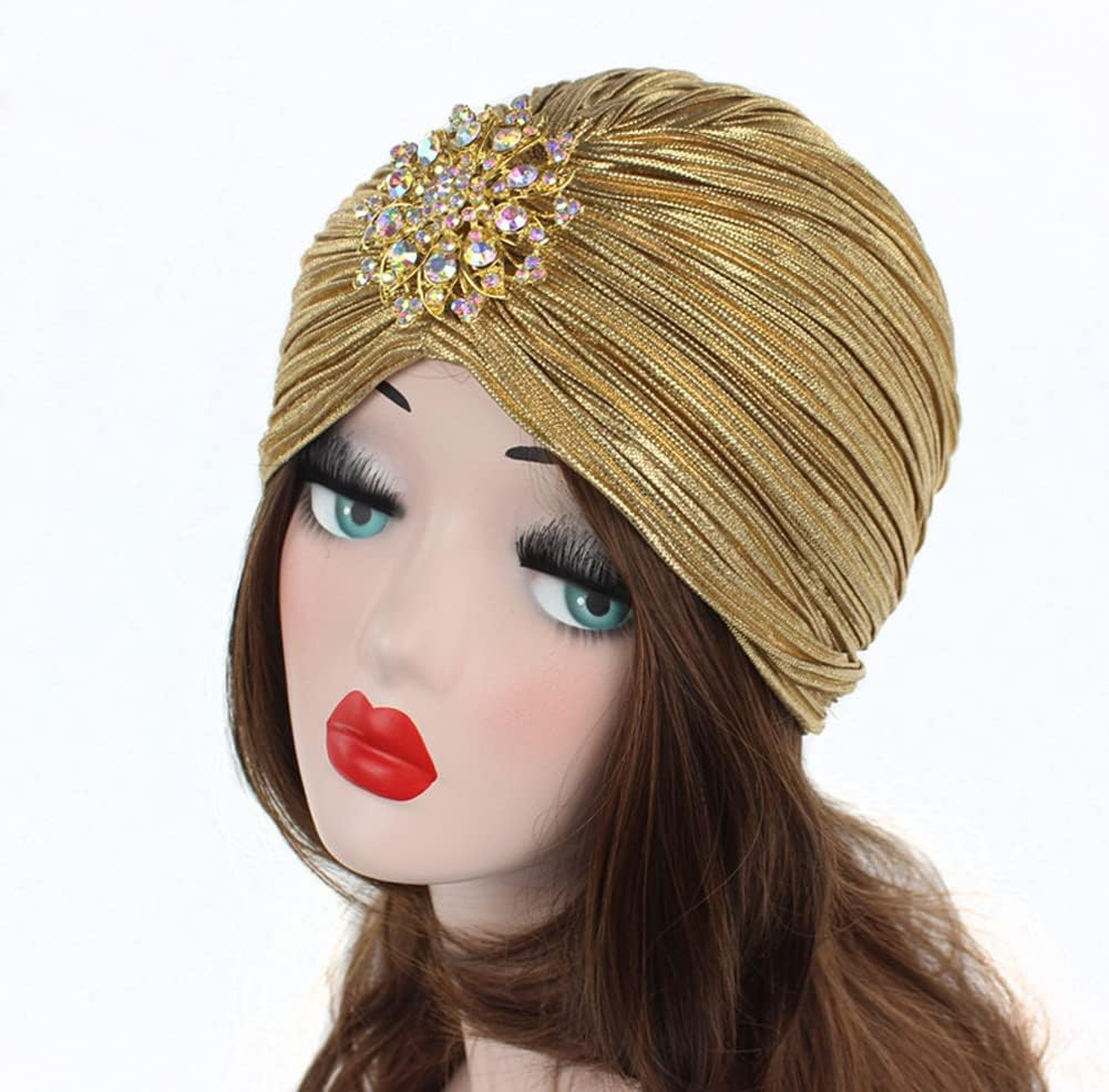 Women Vintage Turban Hat with Rhinestones Flower Decoration Beanie Cap Headwrap for 1920S Gatsby Costume Cocktail Party - Dark Gold image number 3