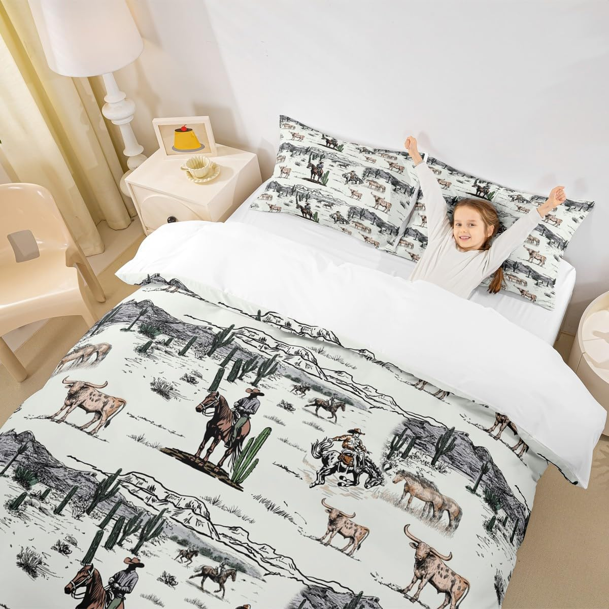 Western Cowboy Duvet Cover Set King Size,Vintage Southwest Style Comforter Cover Desert Cactus Cow Horse Animals Bedding Set for Kids Boys Girls Adult Room Decor,Grey Brown White Quilt Cover 3Pcs image number 3