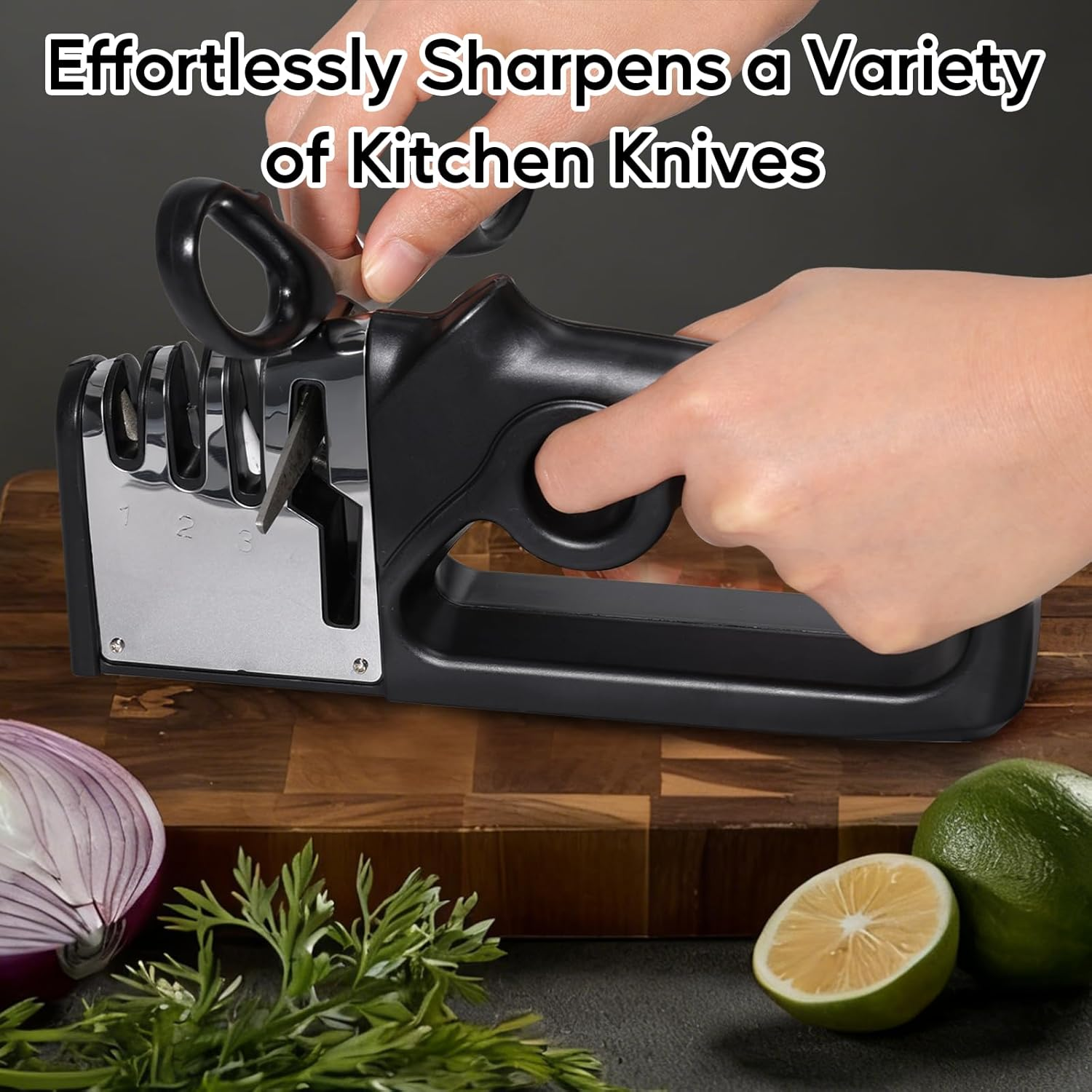 Kitchen Knife Sharpener Knife Sharpener for Kitchen Knives and Scissors, 4-In-1 Fast Sharpening Tool for Chefs and Home Kitchens (Black) image number 2