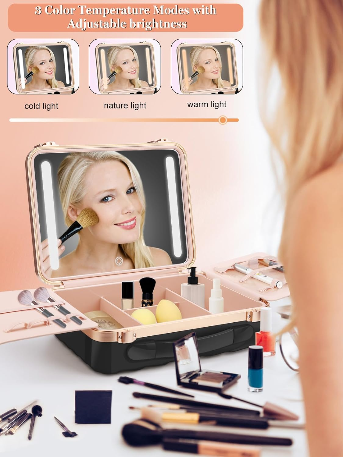 Kalolary Travel Makeup Train Cases with Lighted Mirror 3 Color Setting, Makeup Bag Cosmetic Case Organizer Adjustable Brightness Portable Makeup Storage Box for Makeup Brushes Accessories Tools,Black image number 3