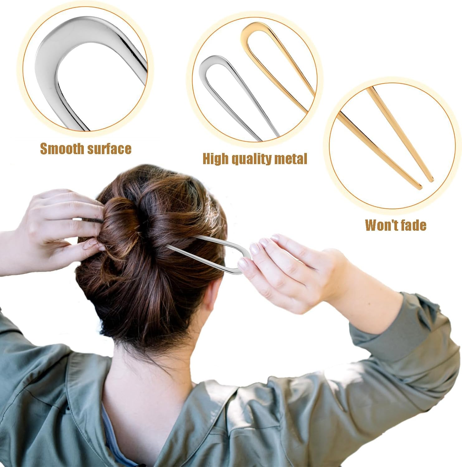 French Hairpin, 2 Pieces Metal Hair Pins, U-Shaped Hair Pins, Large French Hair Pins, Twist Hair Pin & Hair Forks for Women and Girls, Vintage Hair Accessories for All Hair Types