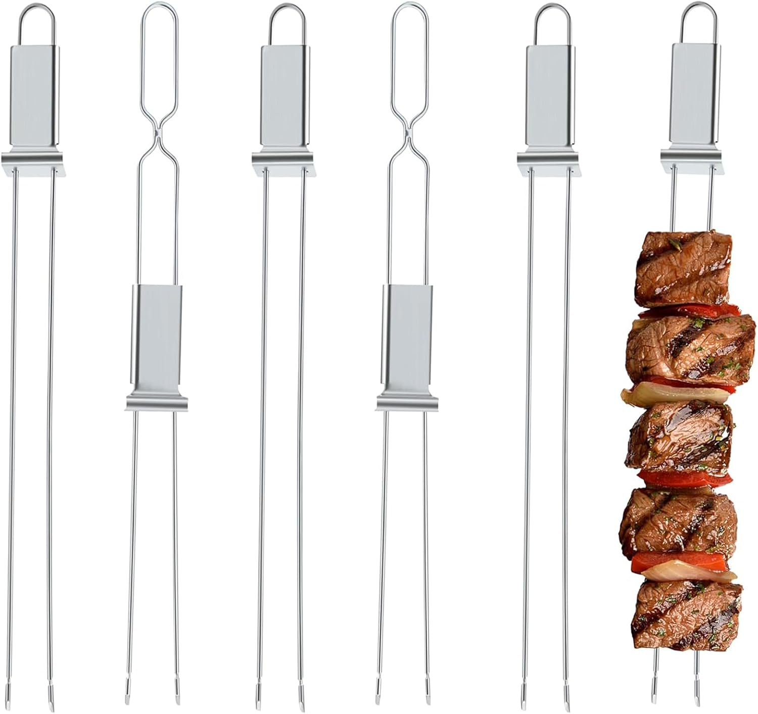JOWILIN Kabob Skewer for Grilling, 6 Pcs 33CM/13'' Double Pronged Flat BBQ Skewers with Push Bar, Reusable Shish Kebab Skewers, Stainless Steel Kebab Tools for Camping, Barbecue for Meat, Vegetable image number 2