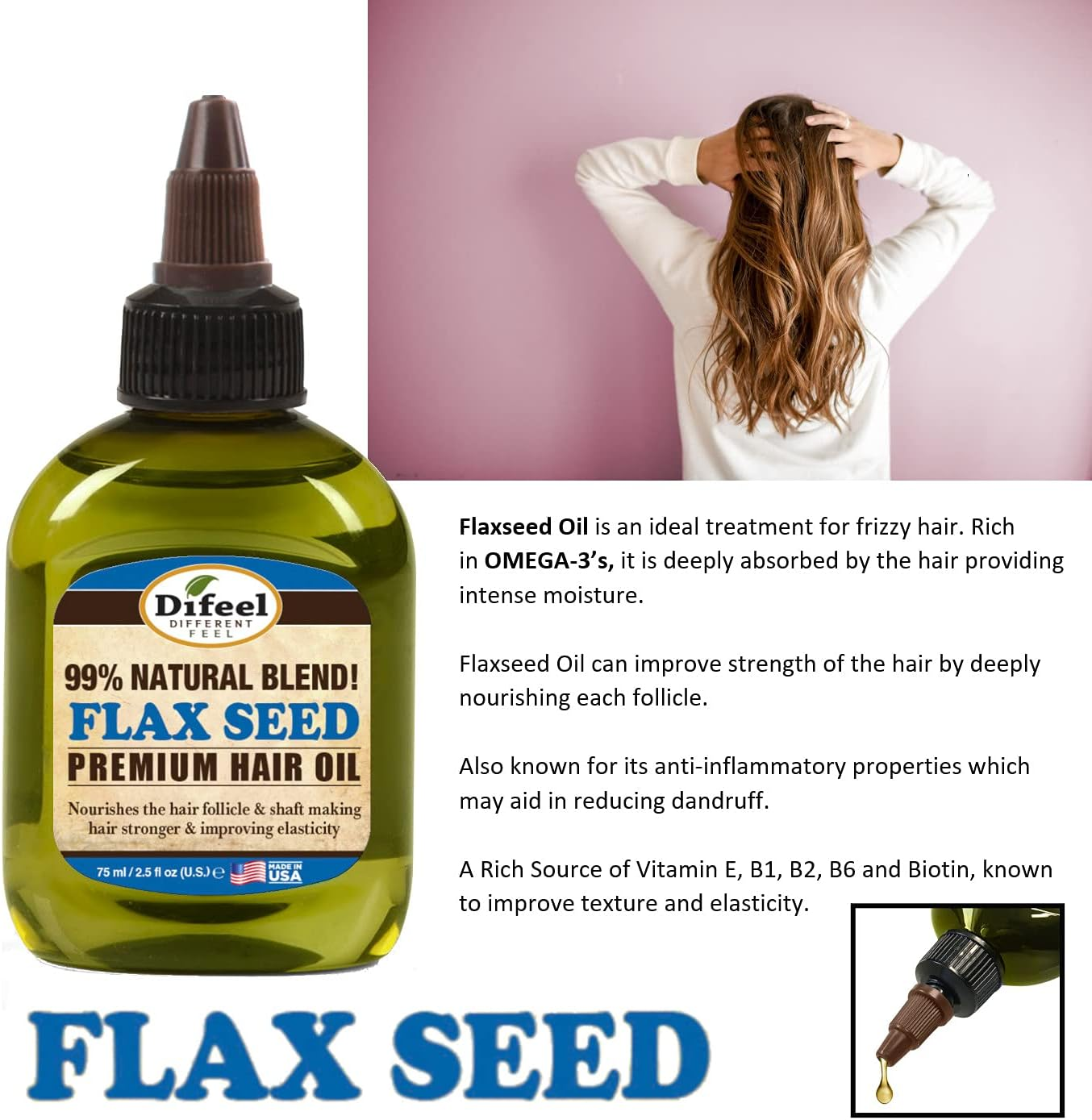 Difeel Premium Natural Hair Oil - Flax Seed Hair Oil 75 Ml - Strengthening & Moisturizing Hair Oil Treatment image number 3