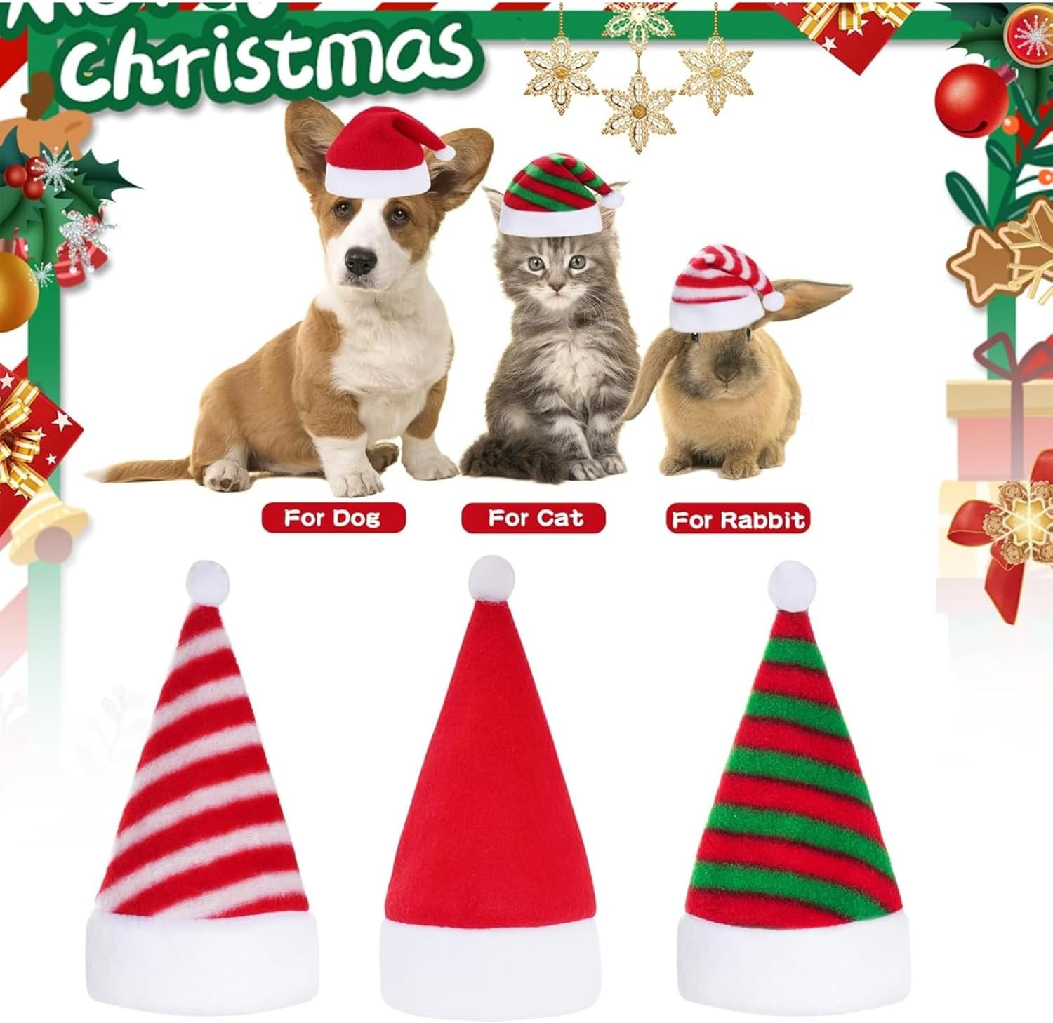 Itadaku 6 Pieces Pet Christmas Santa Hats, Striped Holiday Party Costumes for Cats and Dogs, Cute Dress-Up Accessories for Puppy and Kitten Christmas Cosplay image number 1