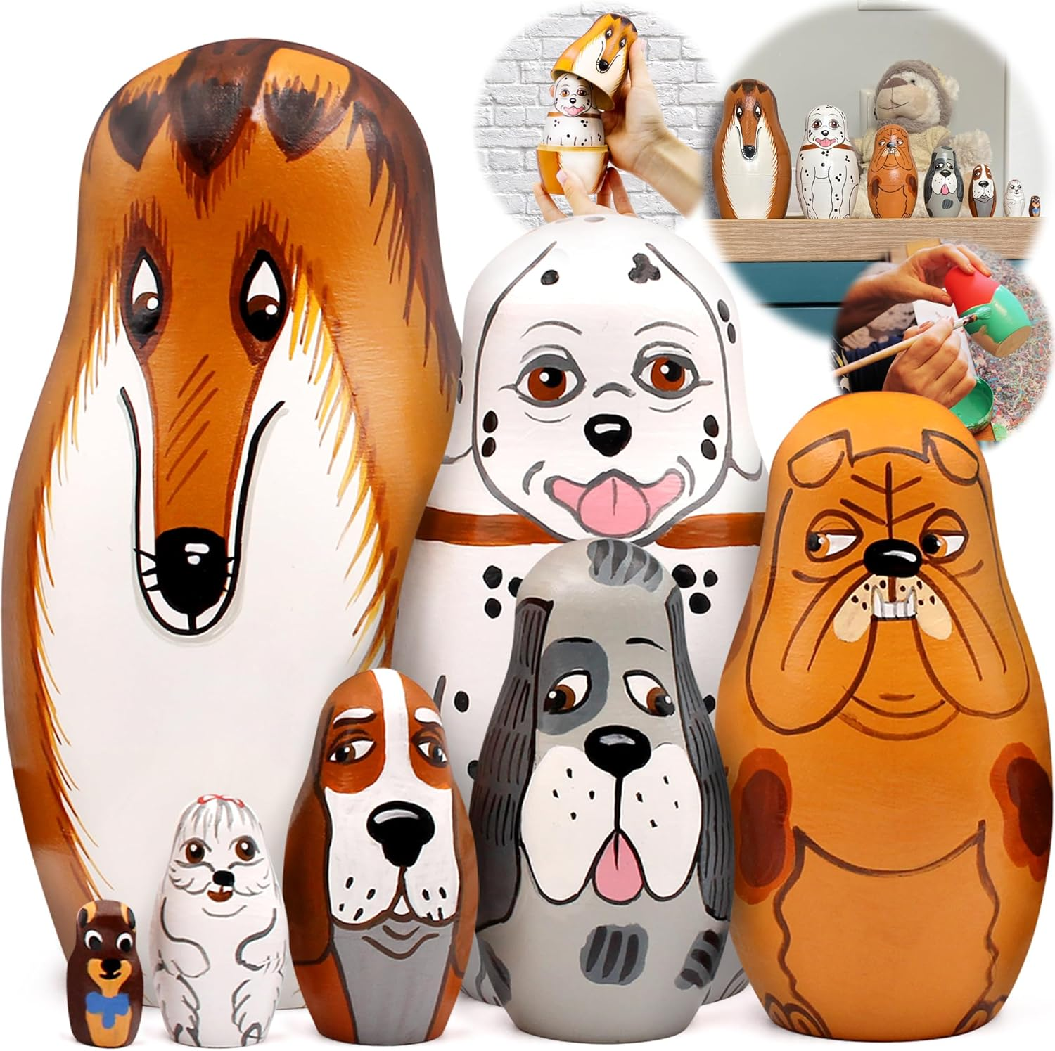 Dog Nesting Dolls Set of 7 Pieces - Matryoshka Toy Dog Lover Gifts &ndash; Russian Wooden Nesting Dolls for Kids - Pets Puppy Dog Figurines Made in Russia