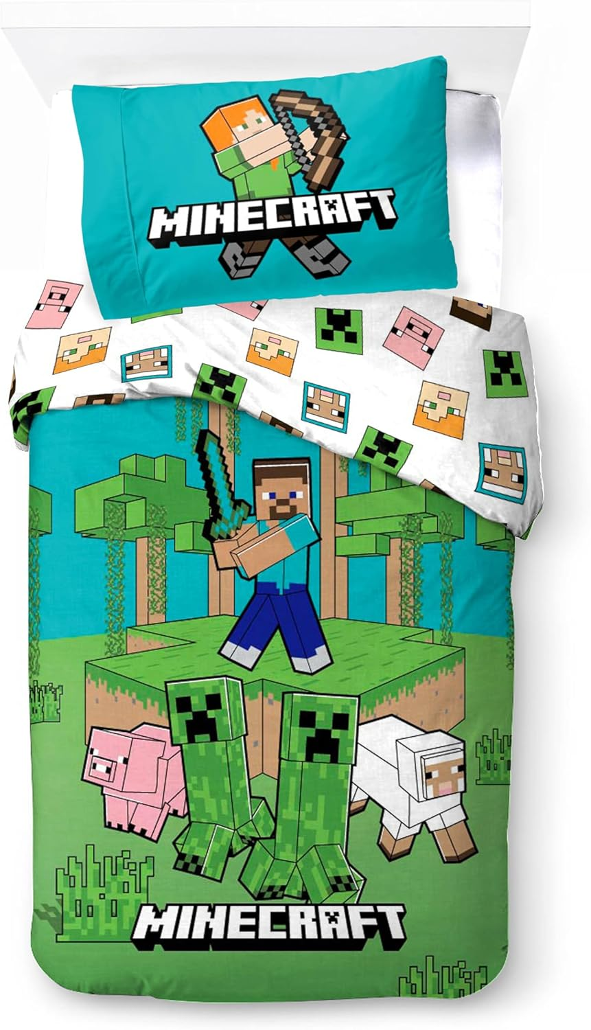 Minecraft Bedlinen Single Size | Duvet Cover 140X200 Cm + Pillowcase 60X65 Cm, 100% Cotton | Soft, Colorful & Reversible Bedding Set for Kids | Minecraft ''Jungle Explore'' Design