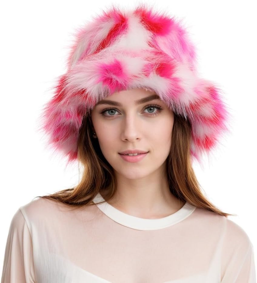 Tngan Rainbow Bucket Hat for Women Cute Faux Fur Fisherman Hat Fuzzy Winter Warm Cap Fluffy Hat for Outdoor Activities image number 6