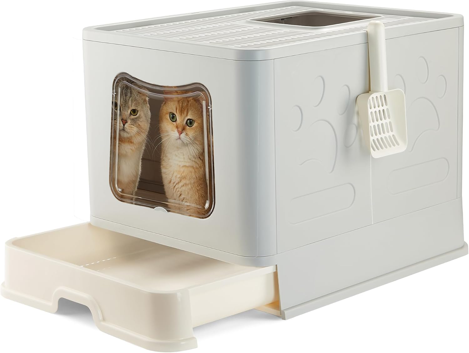 Extra Large Cat Litter Box Jumbo Foldable Kitty Litter Box with Lid Covered Enclosed Top Entry Big Cat Toilet with Scoop Sift Oversized Litter Pan Less Track for Indoor Multi Cats (Grey)