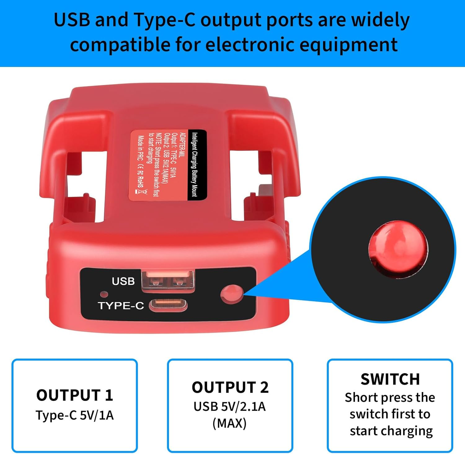 2-Pack USB Charger Adapter for Milwaukee M18 Battery, Battery Charger with USB and Type-C Charging Port for MIL18V MAX Lithium Battery