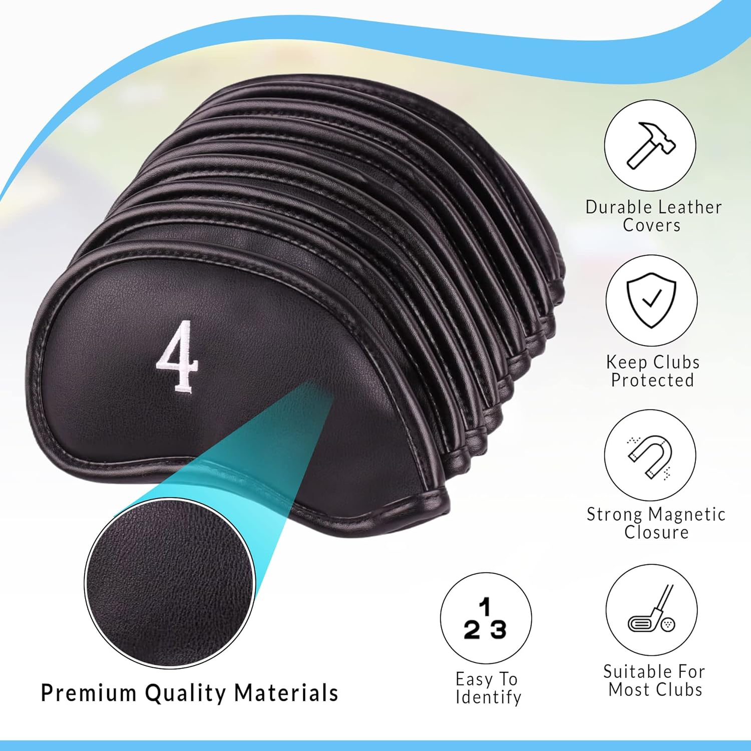 All Teed up Premium Magnetic Leather Iron and Wedge Golf Club Head Covers | Set of 10 | Fits Most Clubs | Embroidered Club Label on Both Sides of Club Head Cover