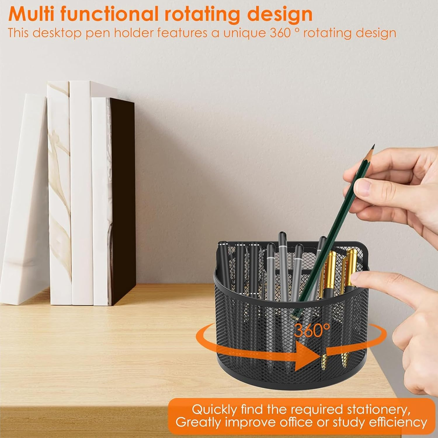360-Degree Rotating Metal Desk Pencil Holder, 5-Slot Office Pen Cup Organizer for School, Home (Square) image number 5