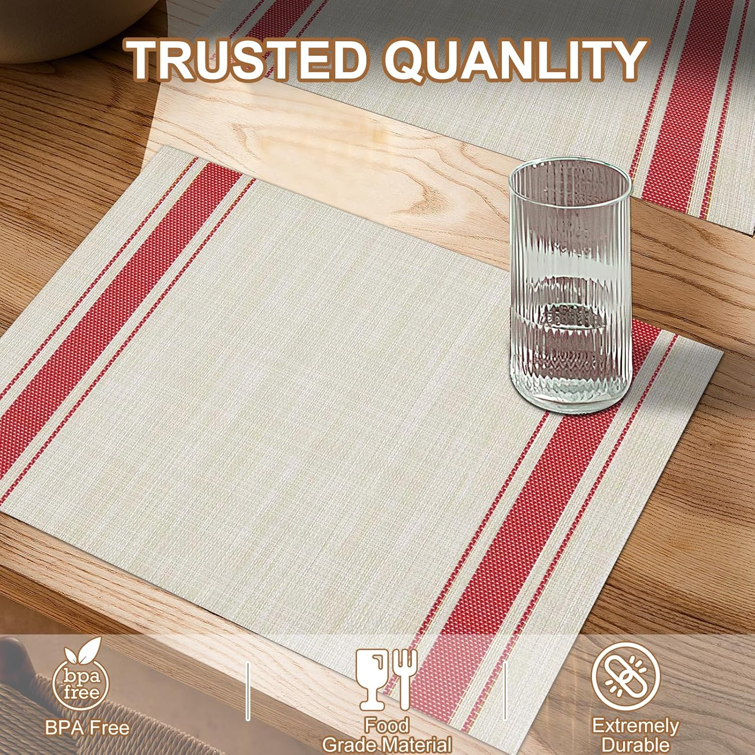 BETEAM Placemats Set of 6 Woven Vinyl Placemat for Dining Table Washable Wipeable Kitchen Place Mats Durable Indoor Outdoor Table Mats -02 Red, 6 Pcs - 02 Red image number 6