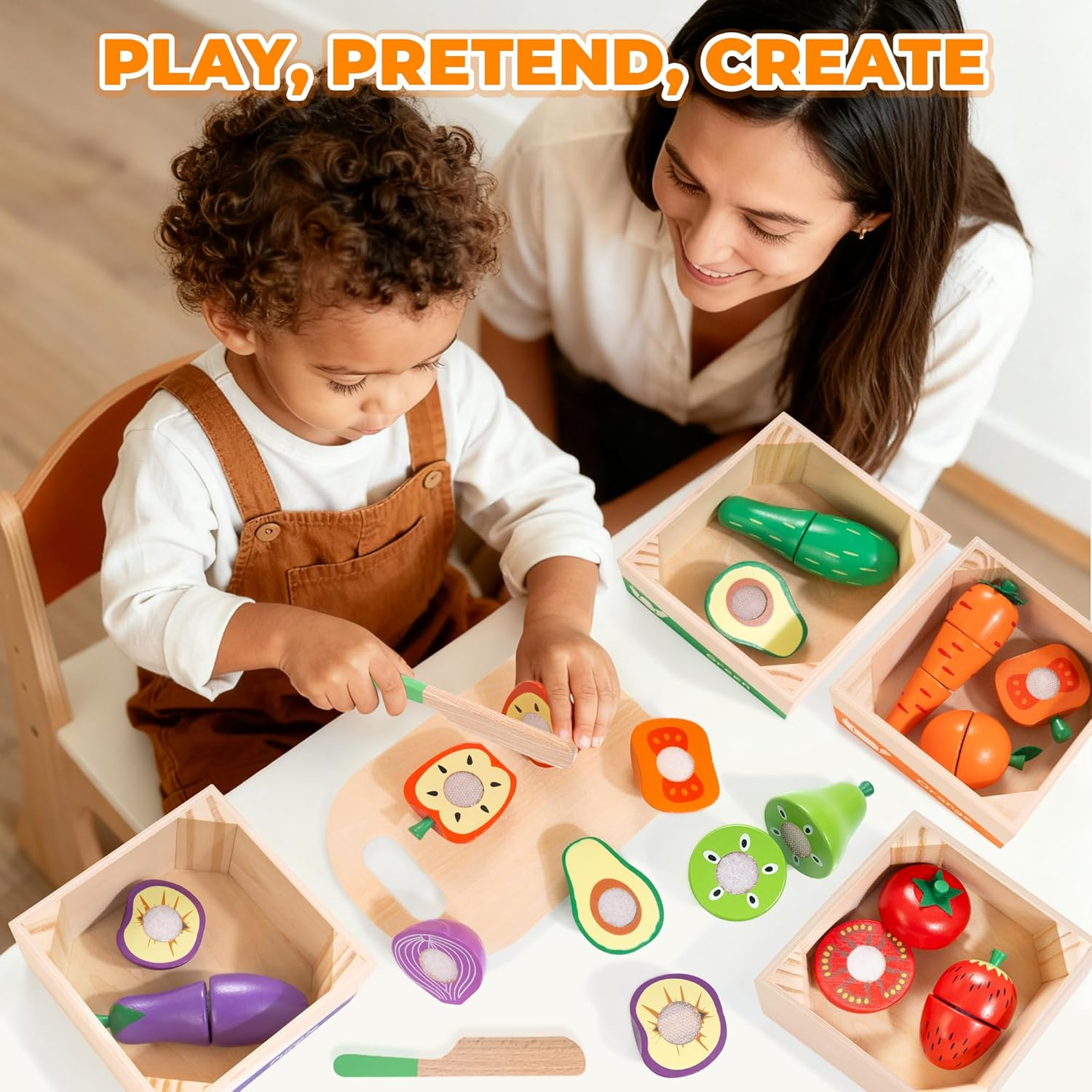 Wooden Play Food for Toddlers, Color Food Groups, Fruit & Veggies Cutting Set, Pretend Play Food Kitchen Accessories for 3 4 5 6 7 Years Old Boys & Girls image number 5