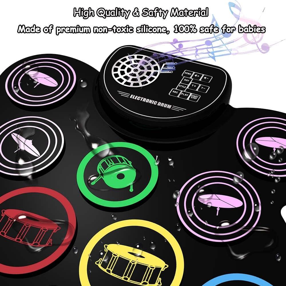 MAZAHEI Electric Drum, 9 Silicone Folding Electronic Practice Battery Pads with Connector for Headphones, Speaker and Built-In Battery, Pedals, Drumsticks, Ideal Gifts for Na image number 3