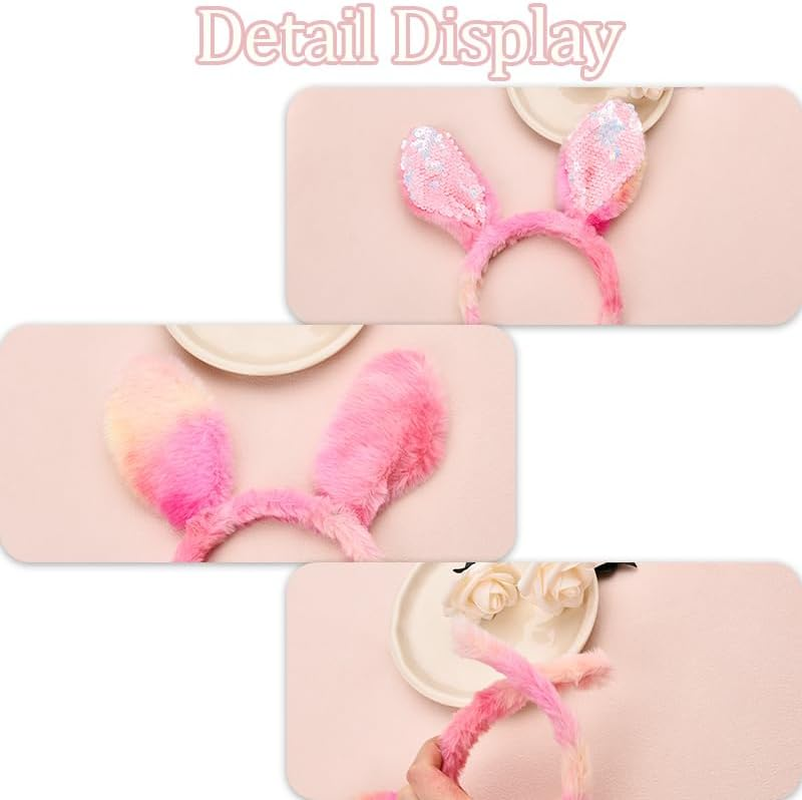 Plush Bunny Ears Headband Glitter Easter Headbands for Women Girls Sequin Rabbit Ears Hairbands Rabbit Ear Hair Hoop Easter Hair Accessories for Women Girls image number 2