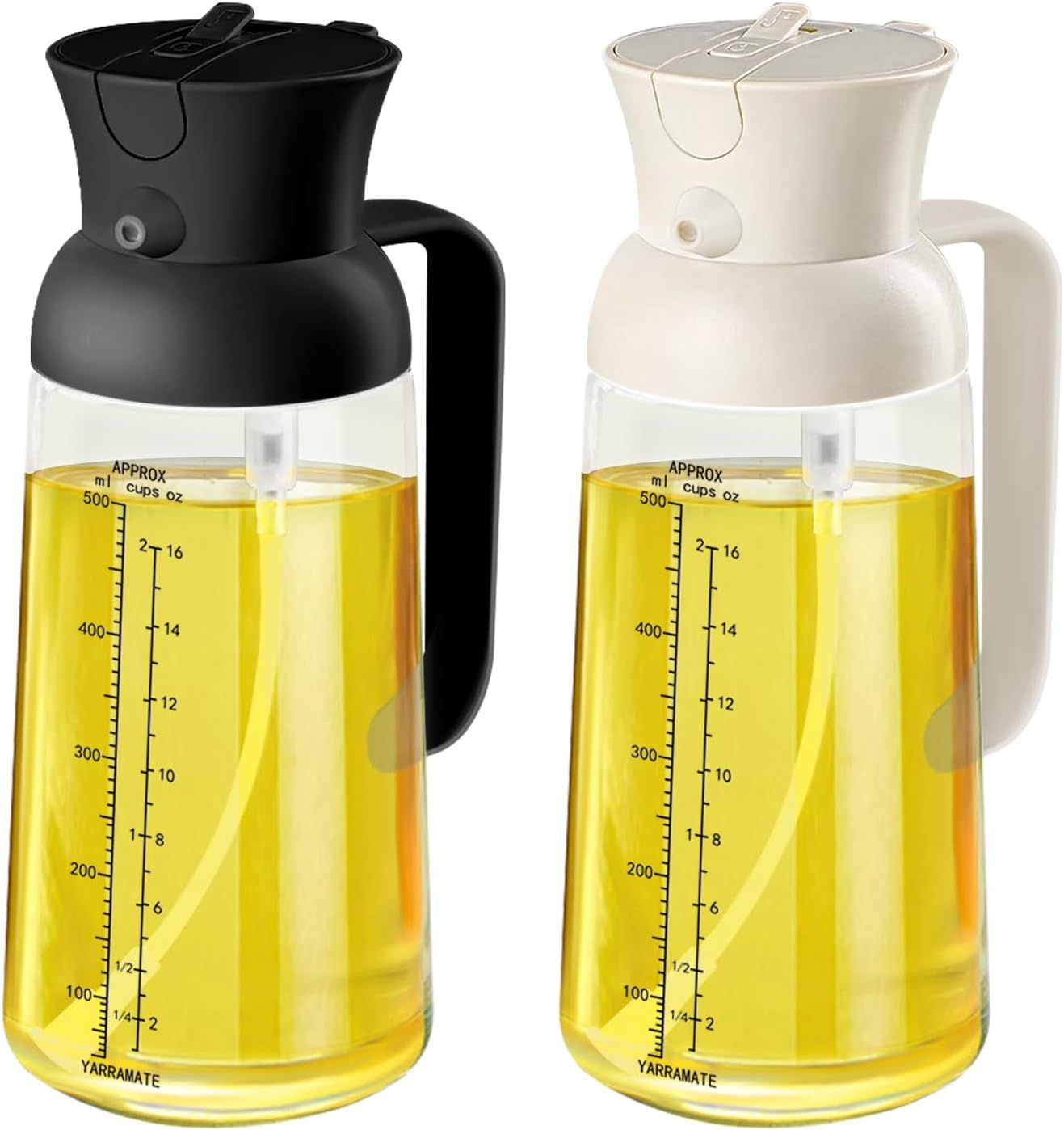 YARRAMATE Large Capacity Oil Bottle 18Oz/550Ml Olive Oil Sprayer Mister with Measuring Scale, 2-In-1 Glass Bottle Dispenser for Cooking, Pour and Spray, Kitchen Use for Air Fryer, BBQ (Black & White) image number 3