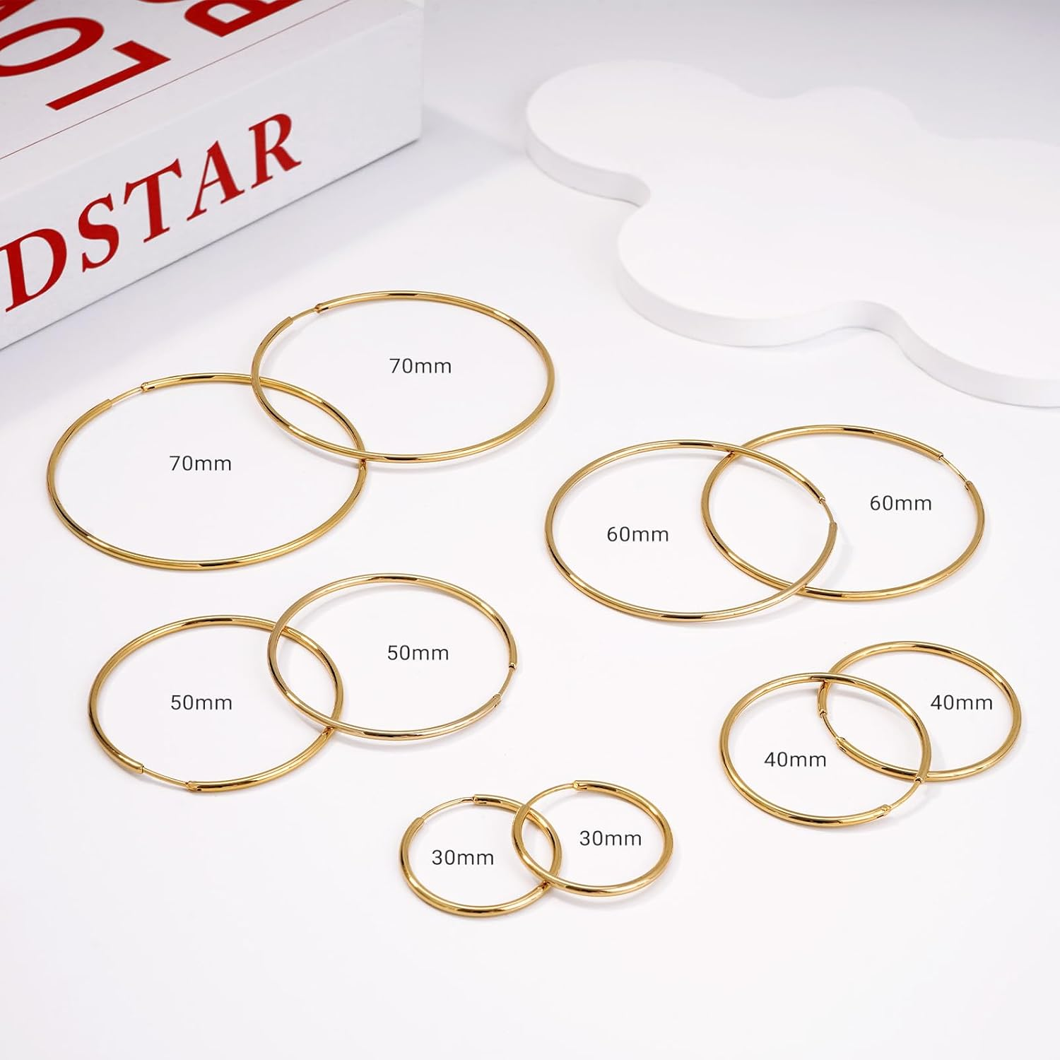 LIAN Hoop Earrings for Women 18K Gold Plated Endless Hoops Stainless Steel 2Mm Thick Simple Lightweight Large Huggie Earrings 30-70MM image number 2