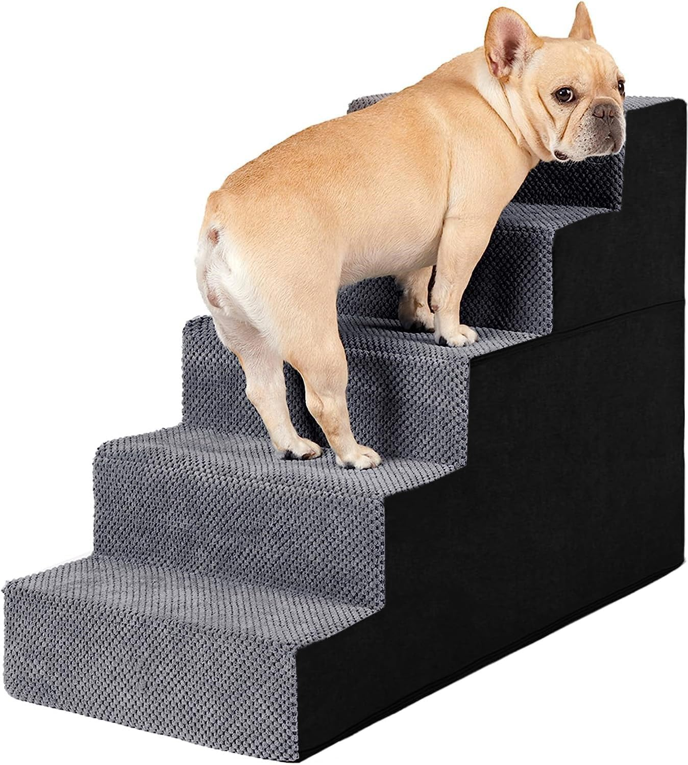 Curved Dog Stairs Ramp, 5 Steps Spliceable Dog Stair, 58Cm Height Pet Stairs for High Bed 28" H Climbing, 35D Foam Non-Slip Bottom Pet Step Indoor & Outdoor Multi-Use with Removable & Washable Cover