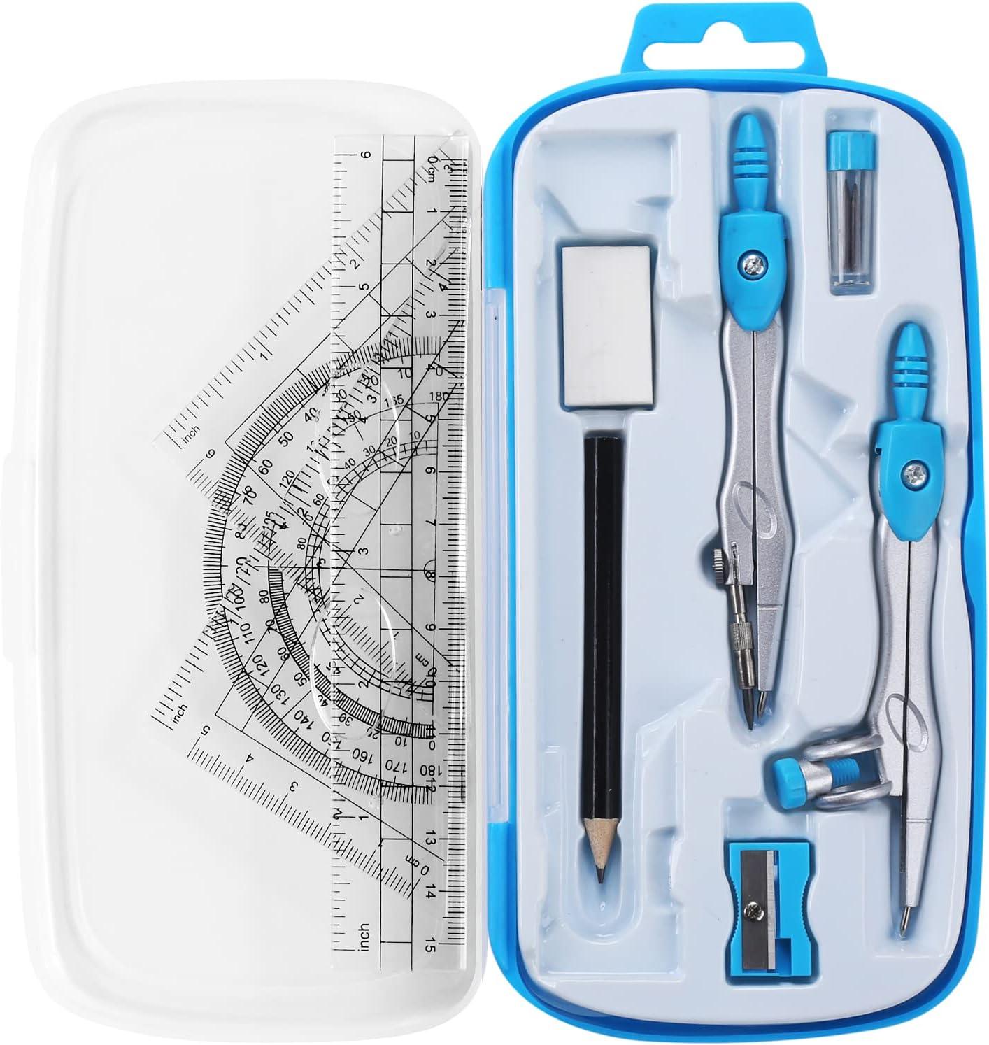 Math Geometry Kit Sets 10 Piece Student Supplies with Shatterproof Storage Box,Includes Rulers,Protractor,Compass,Eraser,Pencil Sharpener,Lead Refills,Pencil,For Drafting and Drawings（Black）