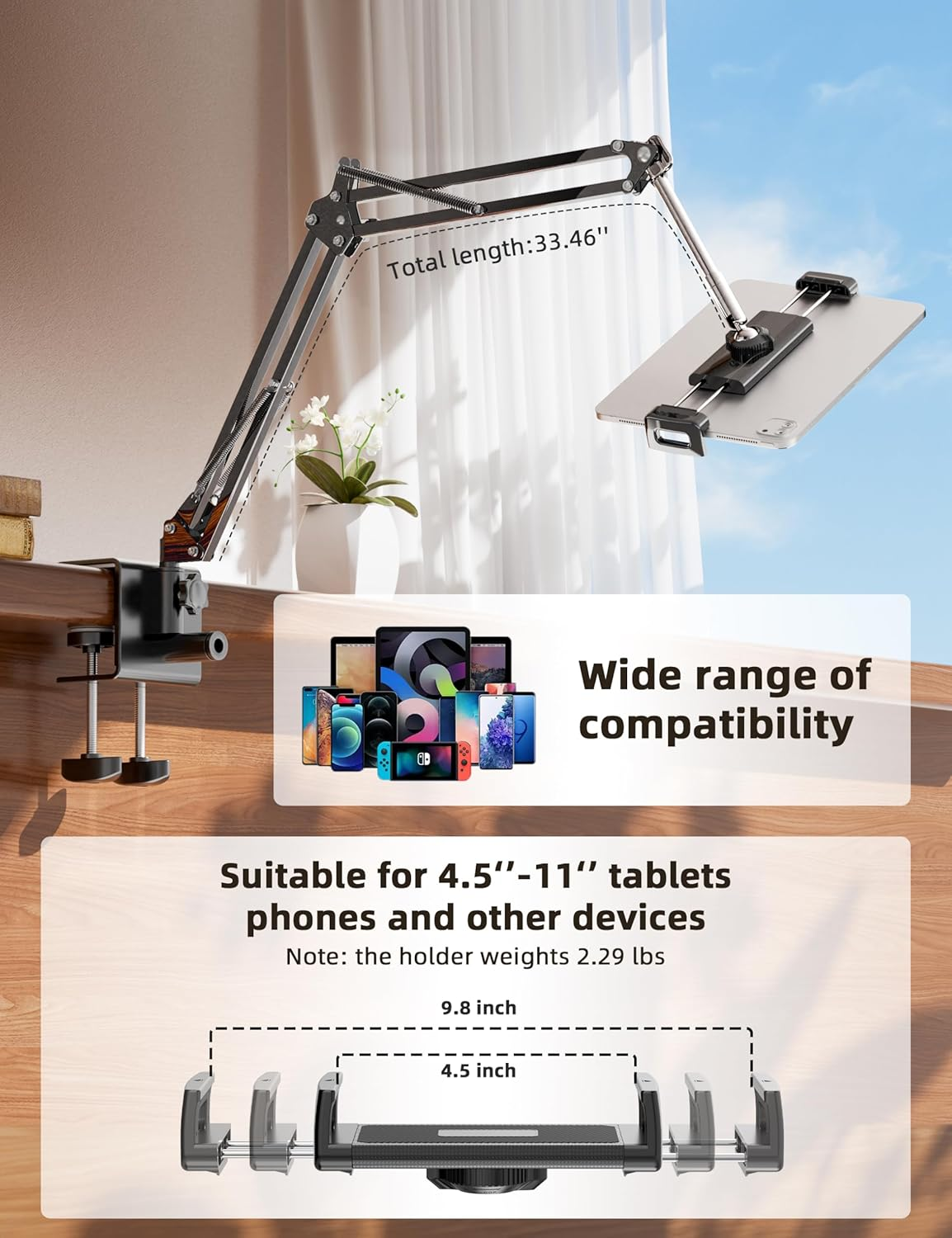 Tablet Holder for Kindle Holder Reading in Bed with Remote Page Turner, Hands-Free for Ipad Stand Arm, Compatible with Kindle Accessories, Ipad, Iphone, Ereaders Devices, Gifts for Readers image number 3