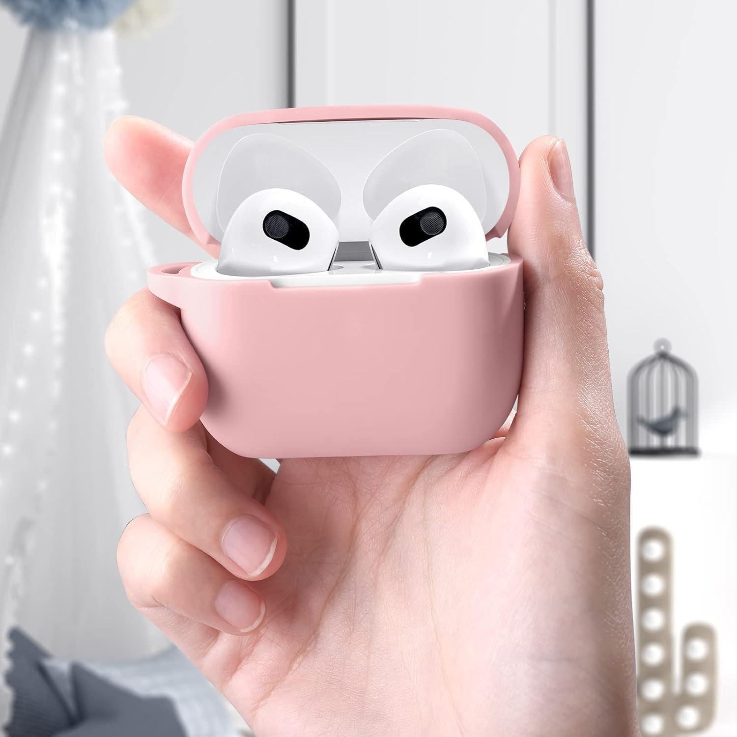 Ixtra Soft Silicone Airpods 3 Case with Keychain Shockproof Protective Charging Case Cover Compatible with Airpods 3Rd Generation 2021 for Men Women Wireless Charging Support, Light Pink image number 3