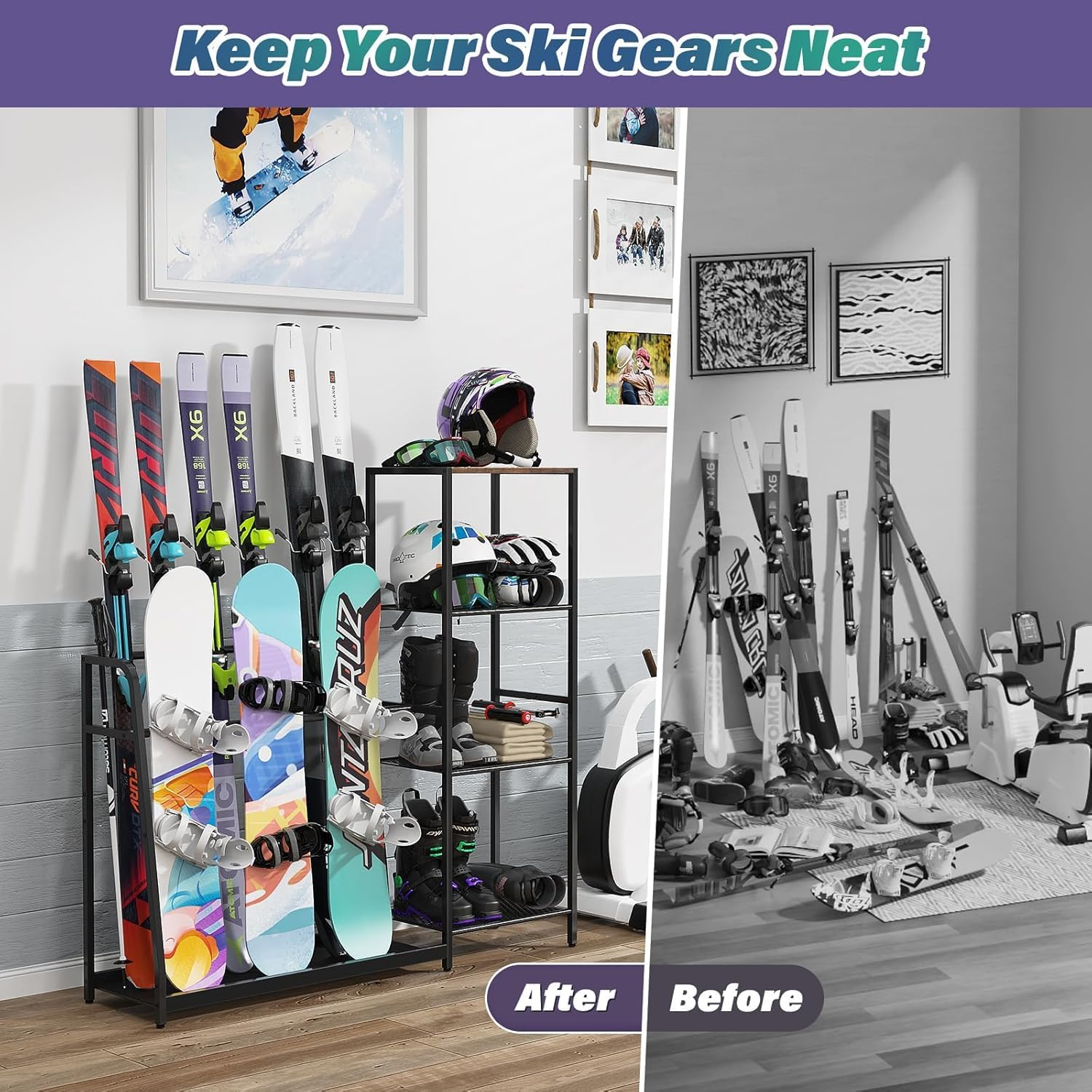 Yoimori Freestanding Snowboard Rack - 4 Pair Ski, 3 Pack Snowboard, Boot, Pole, Goggles, Helmet Rack for Garage, Shed, Basement image number 4