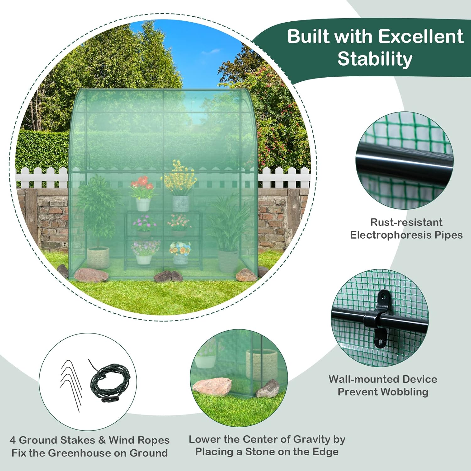 Giantex Walk-In Lean-To Greenhouse - with 3-Tier Plant Stand, 7&rsquo;X 3.5&rsquo;X 7&rsquo; Green House, PE Grid Cover, 2 Zipper Doors, Ground Stakes & Ropes, Wall House for Plant Nursery image number 6