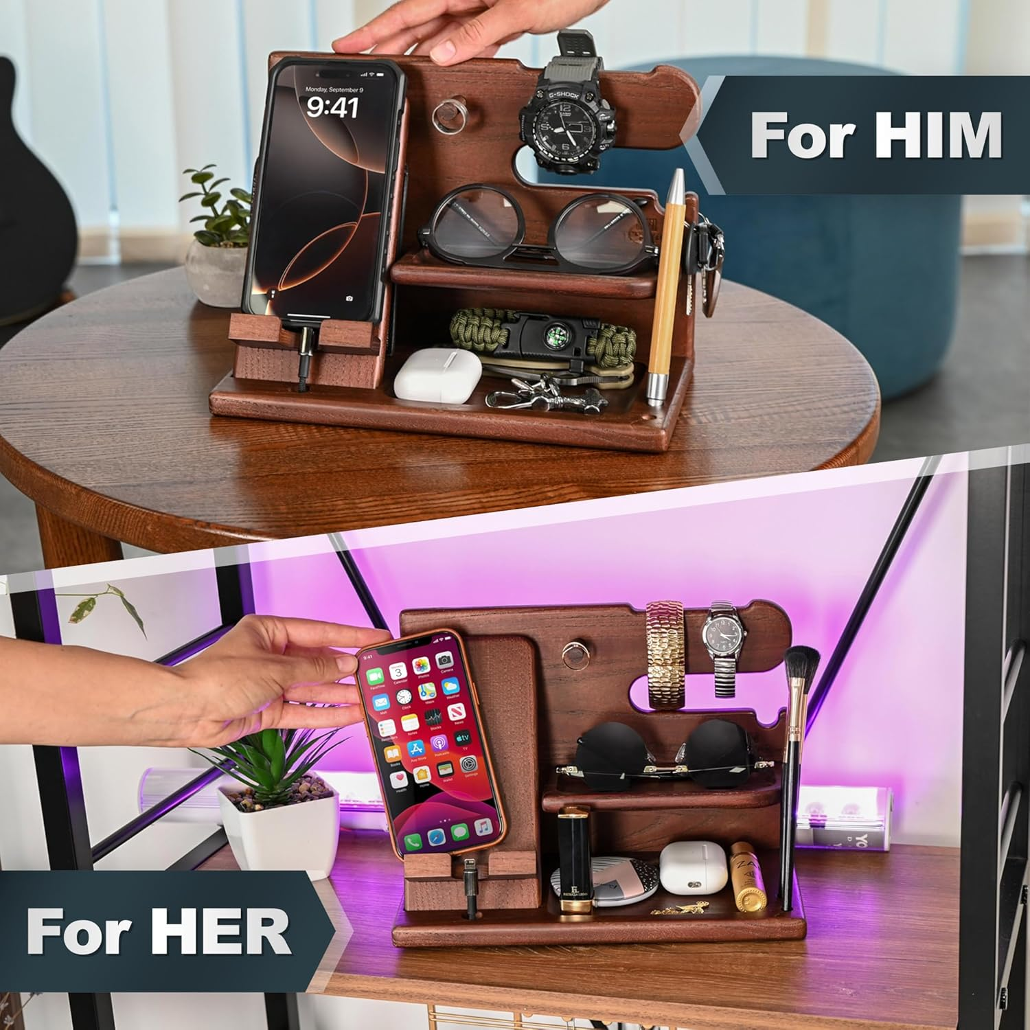Wood Phone Docking Station Ash Key Holder Wallet Stand Watch Organizer Men Gift Husband Wife Anniversary Dad Birthday Nightstand Purse Father Graduation Male Travel Idea Gadget (Chestnut) image number 6