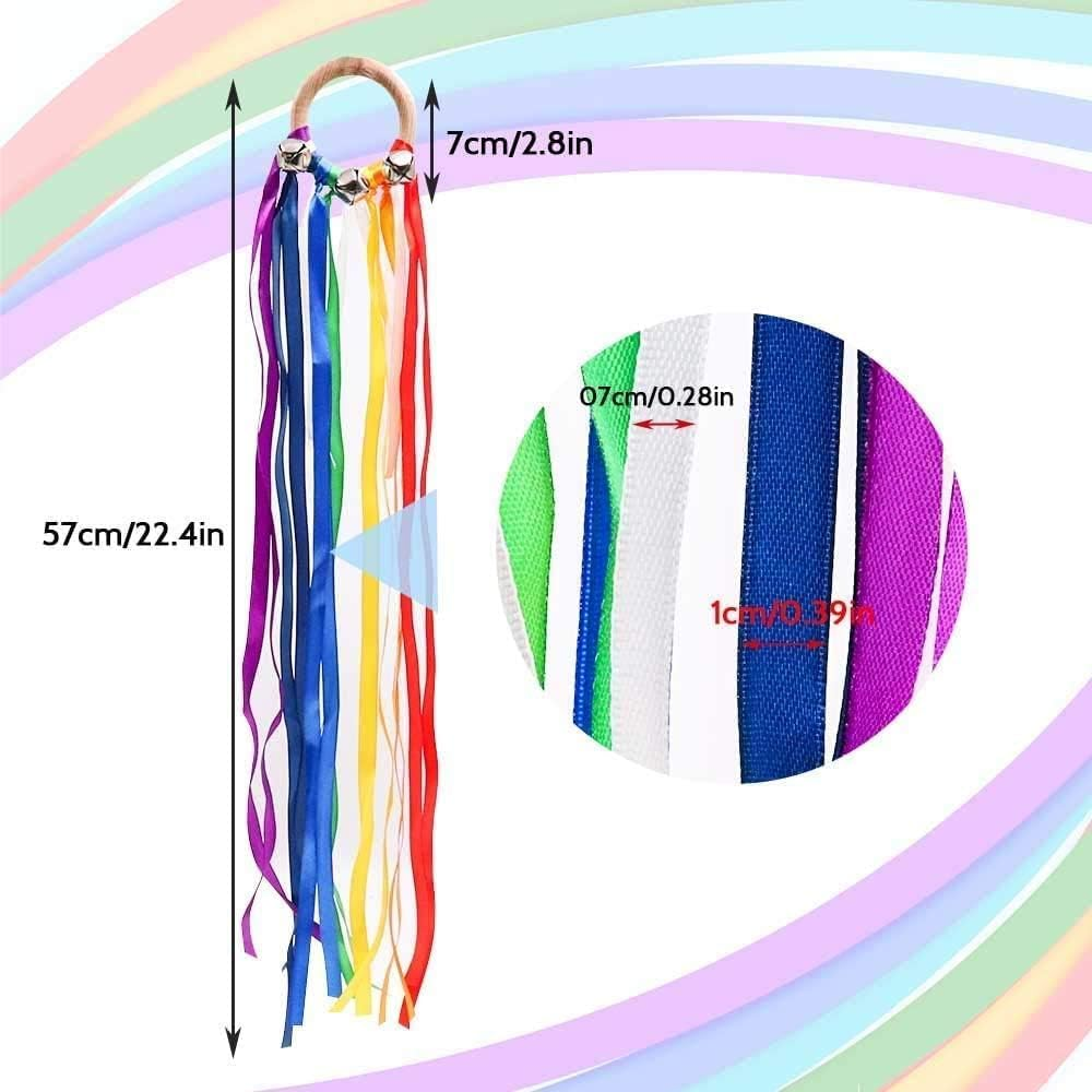 Wabmipe 2Pcs Bell Bracelet Rainbow Hand Ribbon Kite Toys, Ribbon Dancer Wand, Hand Kite Ribbon Runner, Ribbon Streamers Toy, Colourful Newborn Wooden Outdoor Toys image number 3