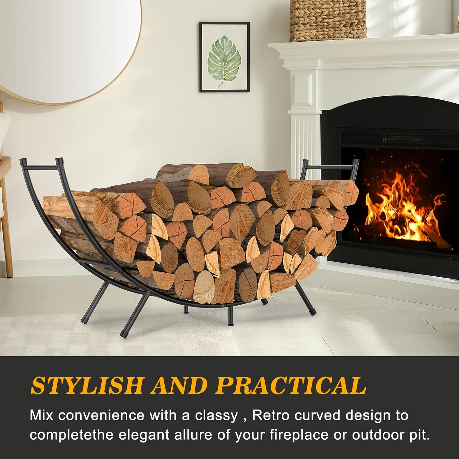 NANANARDOSO Curved Firewood Rack，48 Inches Powder-Coated Metal Fireplace Log Holder for Firewood Storage，Ideal for Indoor and Outdoor Fireplaces Wood Storage image number 4