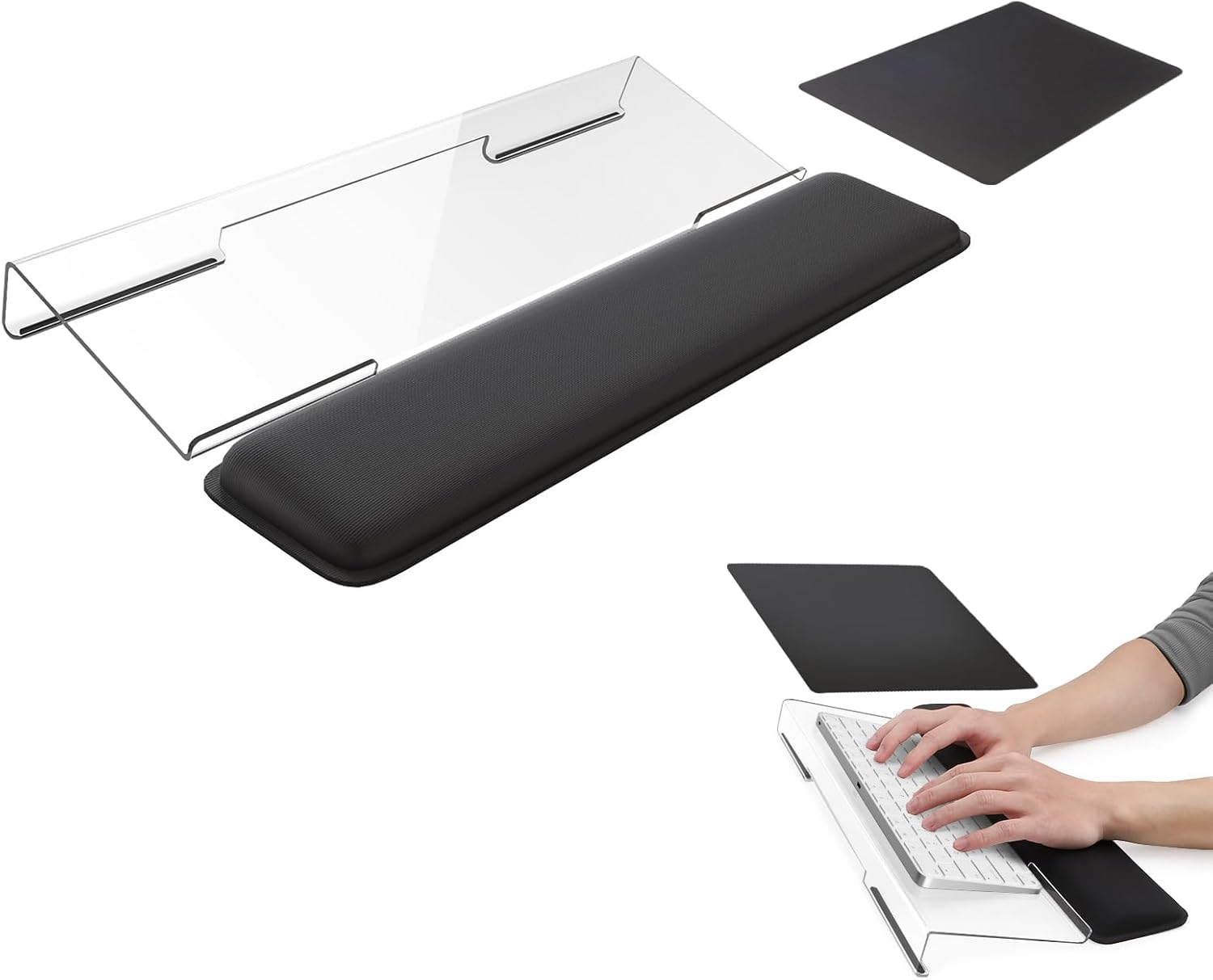 NNAKLLI Computer Keyboard Stand with Wrist Rest and Mouse Pad - Ergonomic Keyboard Wrist Rest with Anti-Slip Base, Great for Office Desk, Home, School (Transparent)