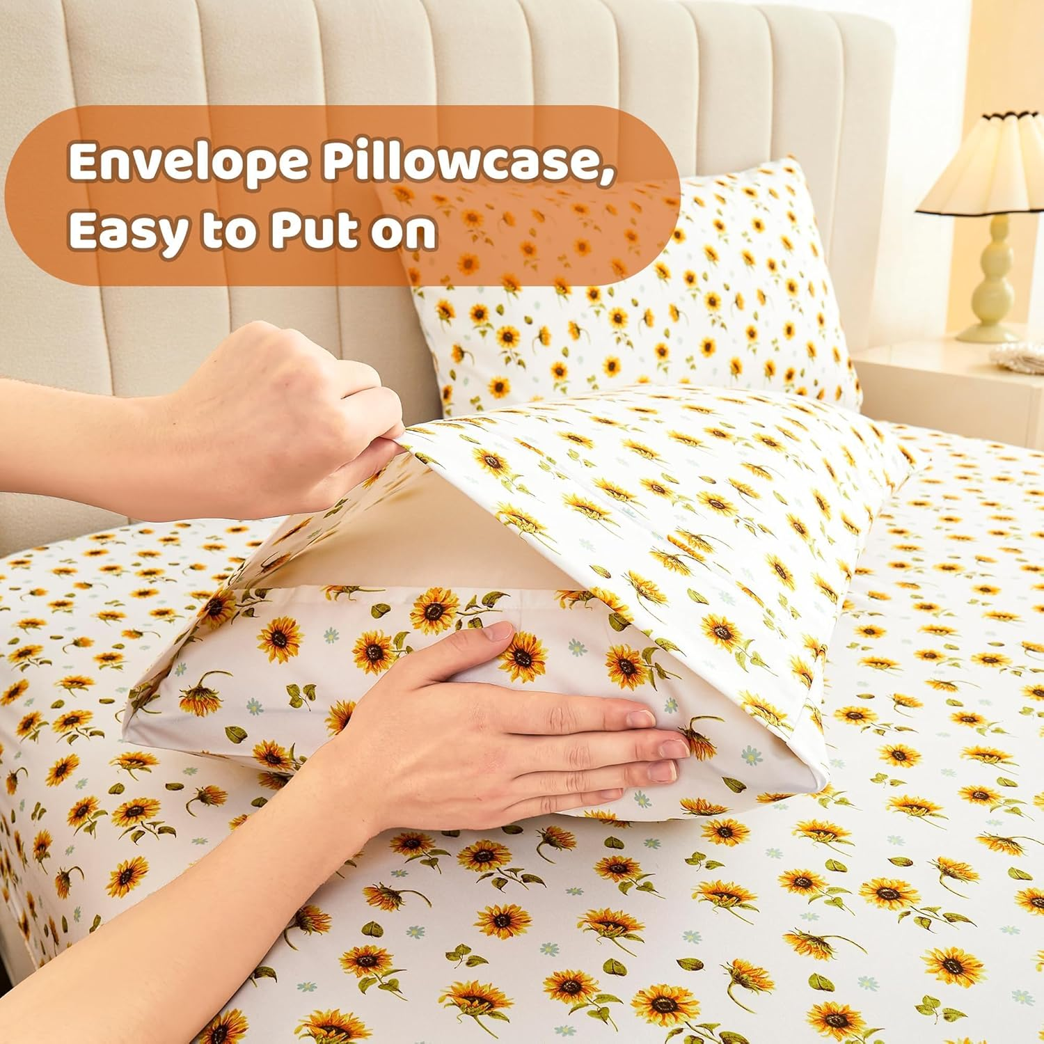 Weaveinbay Double Sheet Set, 38Cm Deep Pocket Ultra-Soft Microfiber Double Bed Sheets, Breathable & Cooling 4 Piece Sheet Set, Yellow Flower