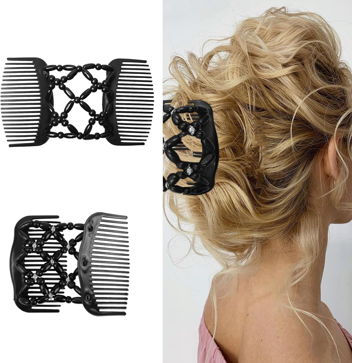 5 Pieces Stretchy Magic Hair Comb Adjustable Elastic Comb Hair Clip for Women Girls No Crease Hair Pins Vintage Hair Bun Maker Hair Accessories for Curly Thick Wavy Hair Ponytail - Black,Brown,White,Blue,Pink image number 6