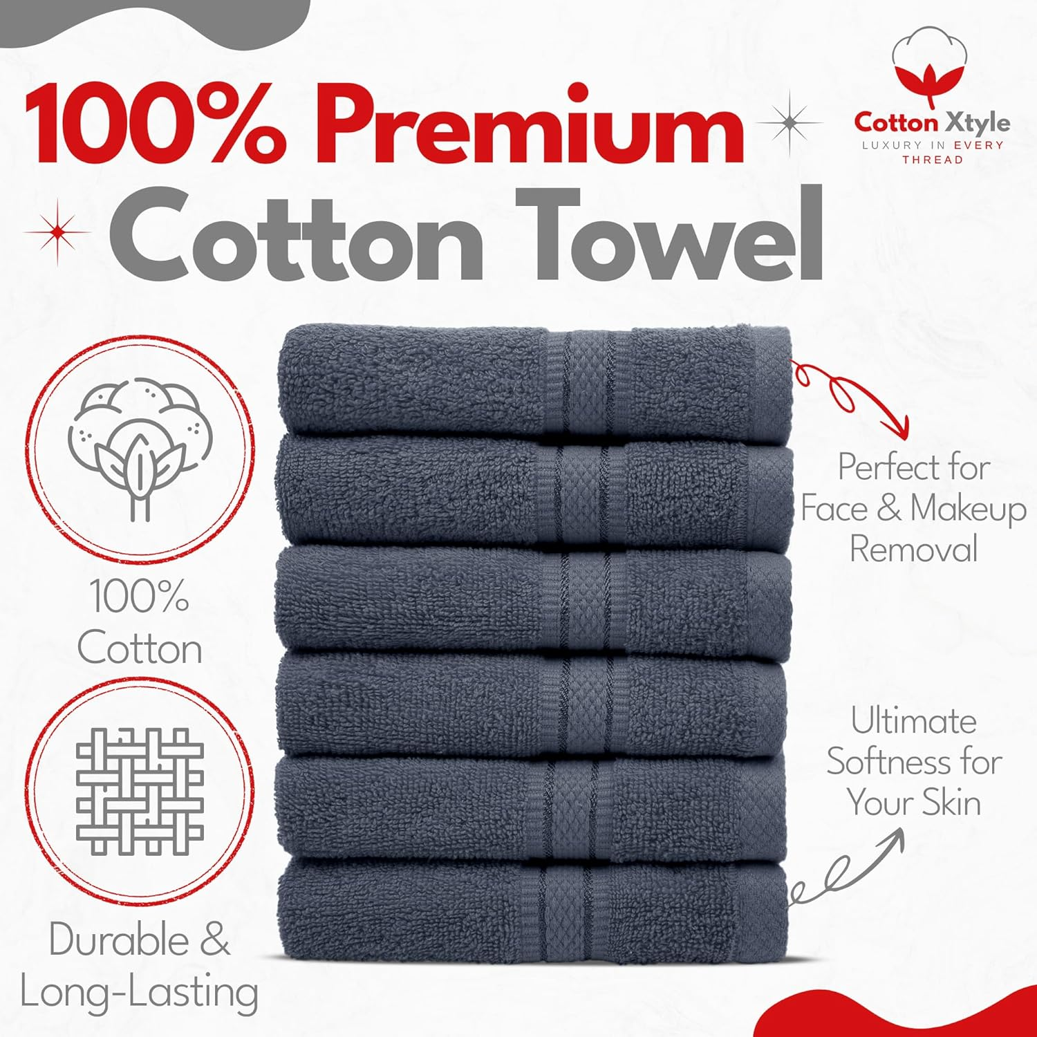 Luxury 100% Cotton Face Towel & Washcloths Gray - Pack of 4 (33 X 33 Cm) - Soft, Quick-Dry, Highly Absorbent & Durable image number 5