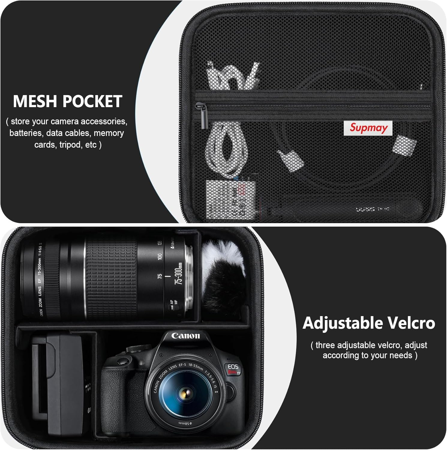 Supmay Hard Travel Case for Canon EOS Rebel T7 DSLR Camera/Eos R50 / R6 Mark II/ R100 / R50V / R8 / R7 / R10 Mirrorless Camera, Lens, Tripod with 3 Pieces of Dividers and Shoulder Strap, Black image number 2
