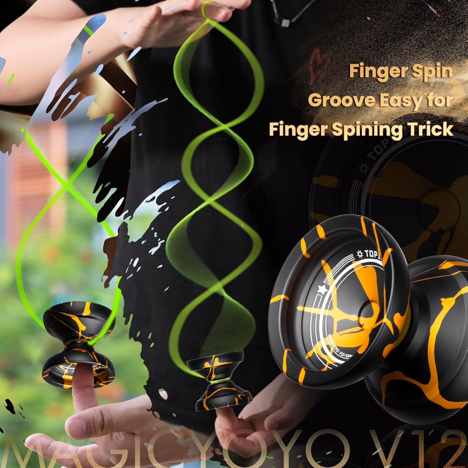 MAGICYOYO V12 Responsive Yoyo for Kids & Beginner, Unresponsive Yo Yo for Adults, Professional Yoyo for Finger Spin Trick with 12 Yoyo Strings & Yo-Yo Accessory Kit (Black Gold Splash image number 2
