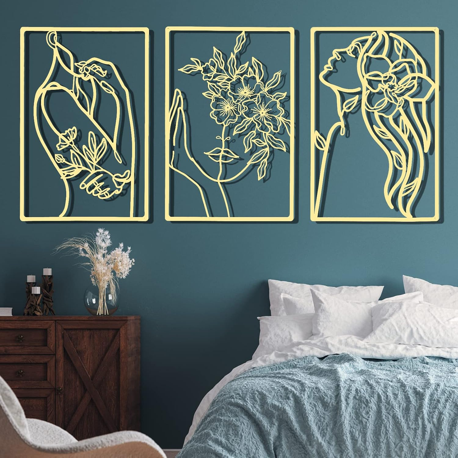 3 Pieces Metal Minimalist Abstract Woman Wall Art Line Drawing Wall Art Decor Single Line Female Home Hanging Wall Art Decor for Kitchen Bathroom Living Room (Gold, Flower) image number 3