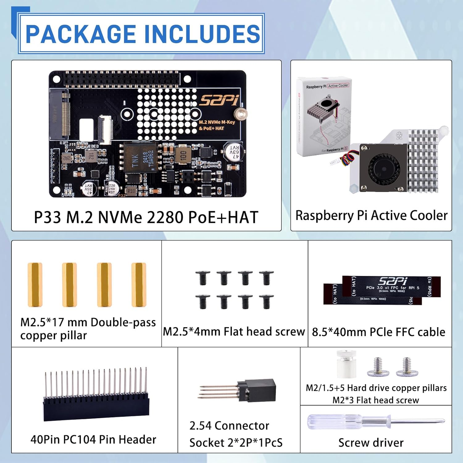 Geeekpi P33 M.2 NVME M-Key Poe+ Hat with Official Pi 5 Active Cooler for Raspberry Pi 5, Support M.2 Nvme Ssds 2230/2242/2260/2280 image number 2