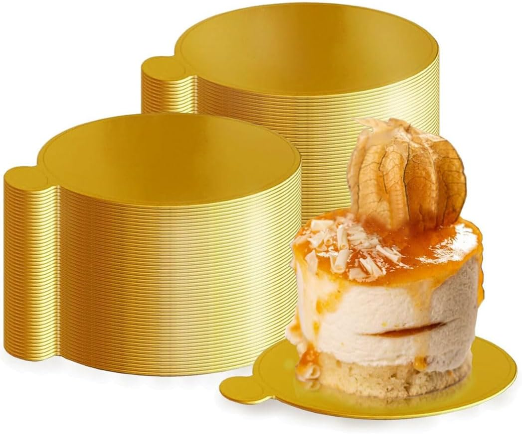 Idopick Mini Cake Boards, 100 Pcs Gold Cake Boards Food-Graded Cake Base, Disposable Circle Base 3.15 Inch round Paper Cupcake Dessert Displays Tray for Cake DIY image number 3