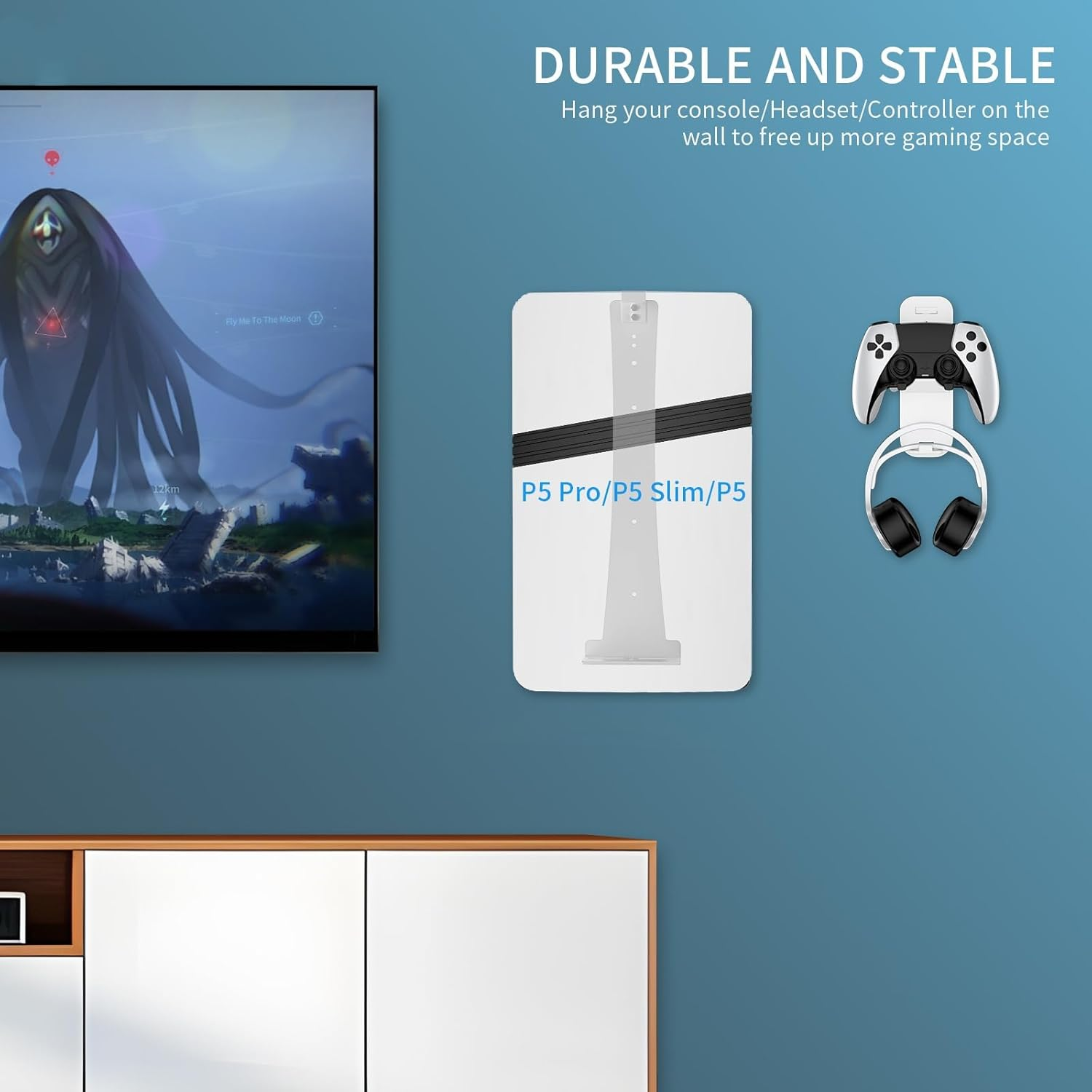 Wall Mount for PS5/ PS5 Slim/ PS5 Pro Console, Sturdy Steel Vertical Wall Mount Bracket Kit with Controller Holder & Headphone Storage Hanger for PS5 Slim Pro (White) - Black image number 2