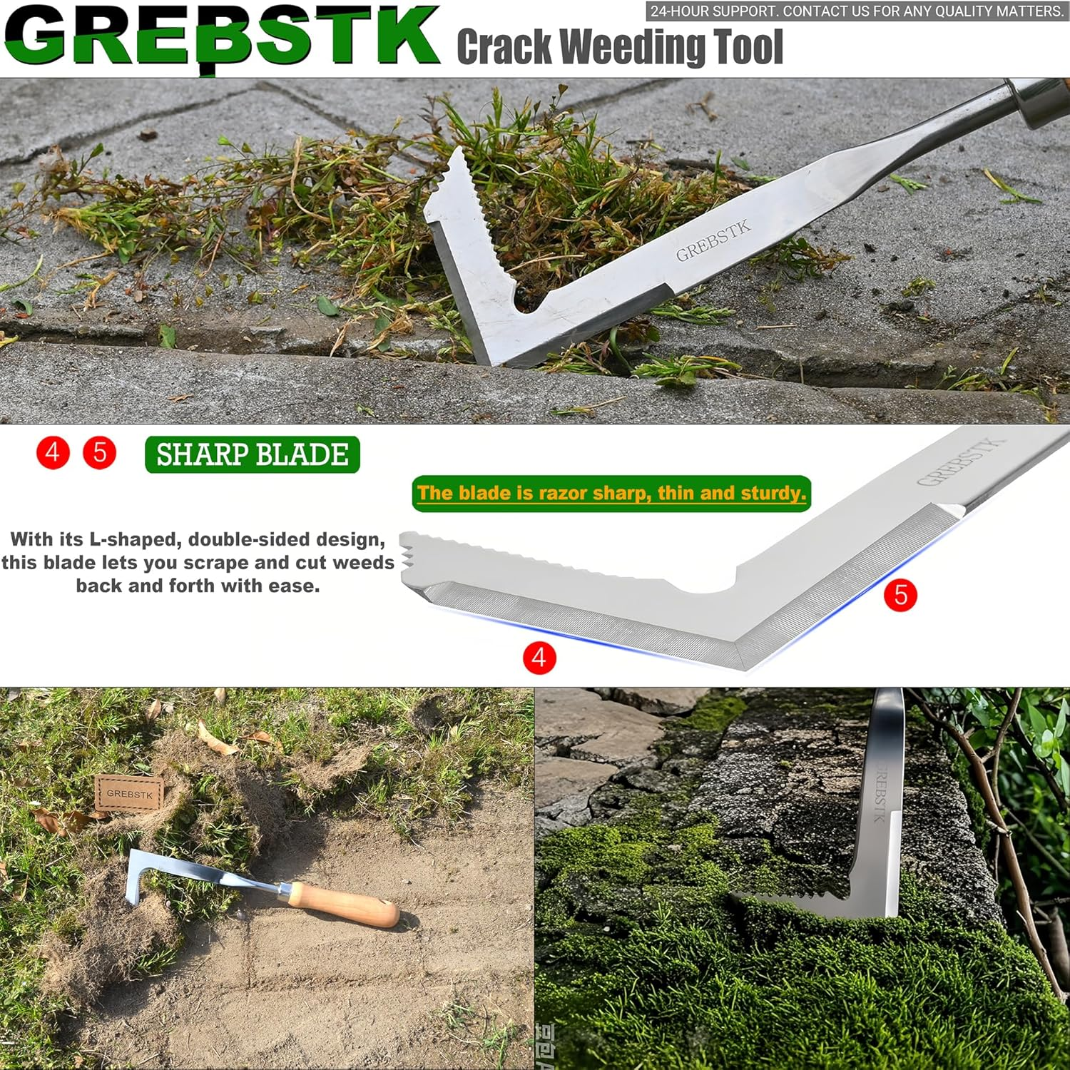 GREBSTK Crack Weeder Beech Handle Stainless Steel Lawn Yard Gardening Tool image number 3