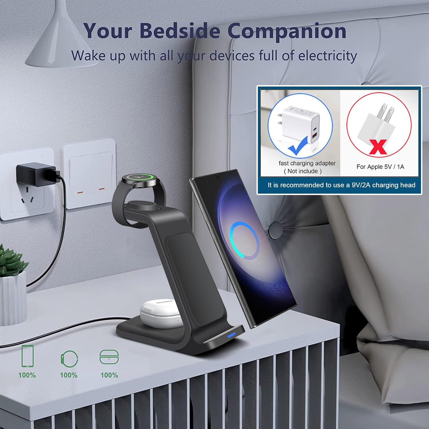 3 in 1 Wireless Charging Station,15W Fast Wireless Charger Stand for Samsung Galaxy S25/S24/S23/S22/S21/S20/S10,Note 20/10, Galaxy Buds Pro, Galaxy Watch7/6/5 Pro/5/4/3/Active 2 image number 1