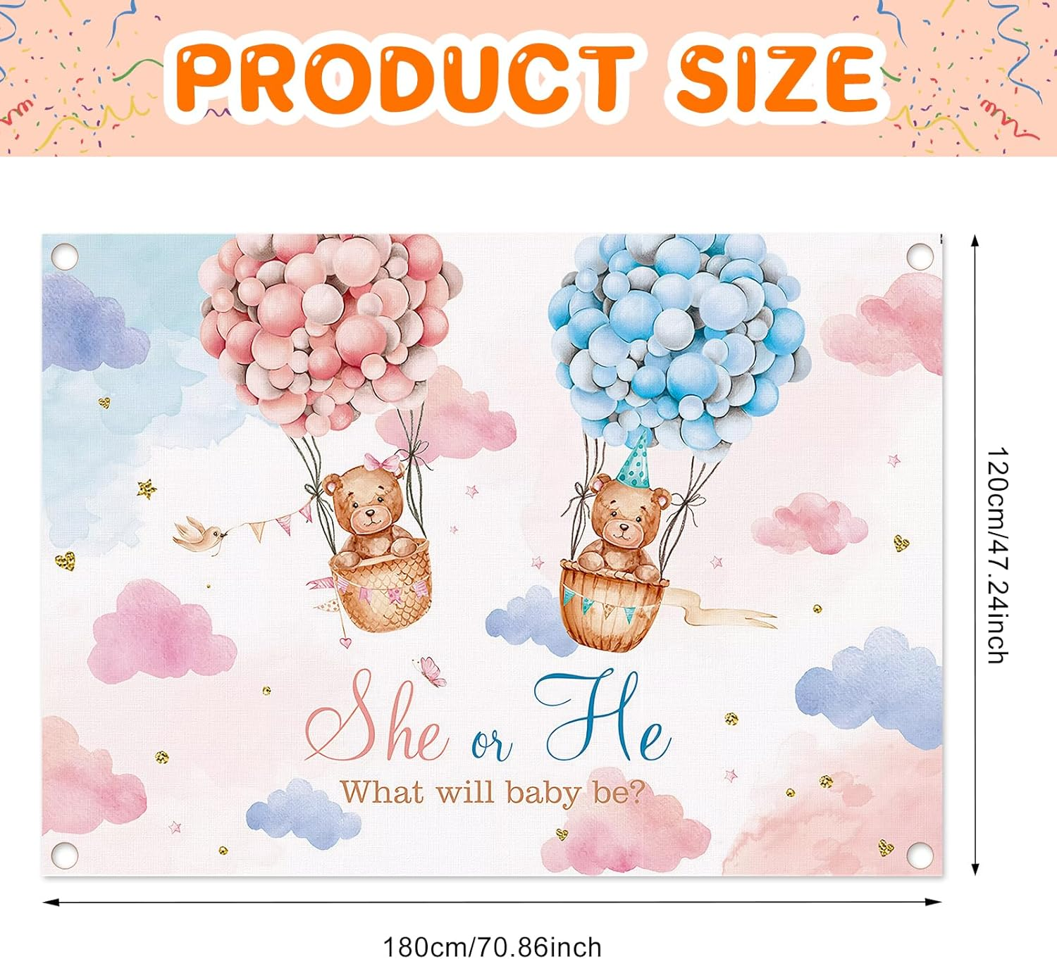 Pink and Blue Gender Reveal Backdrop She or He Background Banner Gender Reveal Party Decoration Lovely Balloon Cloud Bear Pregnancy Announcement Backdrop for Baby Shower Decoration 180 * 120Cm (A) image number 3