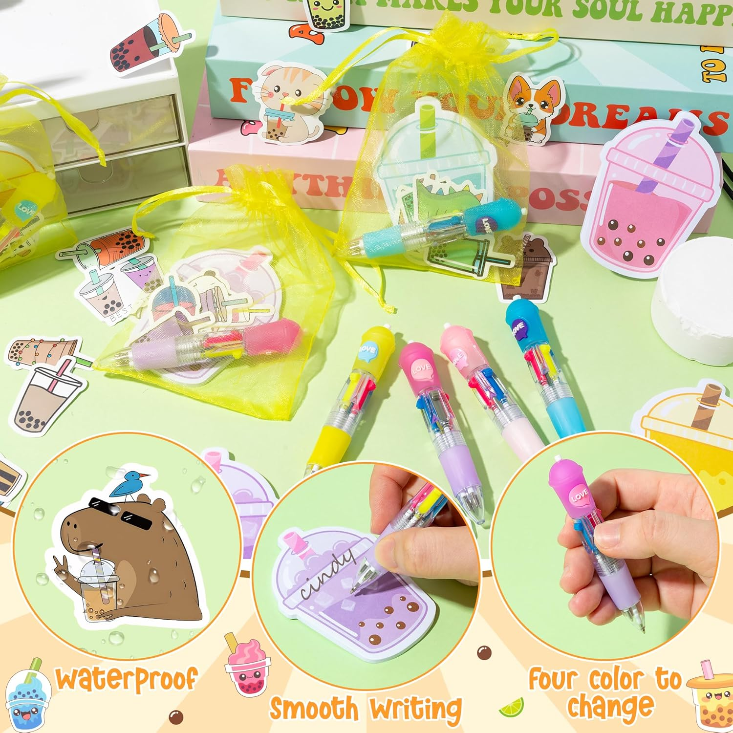 CY2SIDE Bubble Tea Stationery Party Gift - 24 Pack Boba Milk Tea Prizes Set Include 4-In-1 Ballpoint Pens Sticky Note Sticker and Organza, Birthday Party Favor Goodie Bag Fillers for School Rewards image number 1