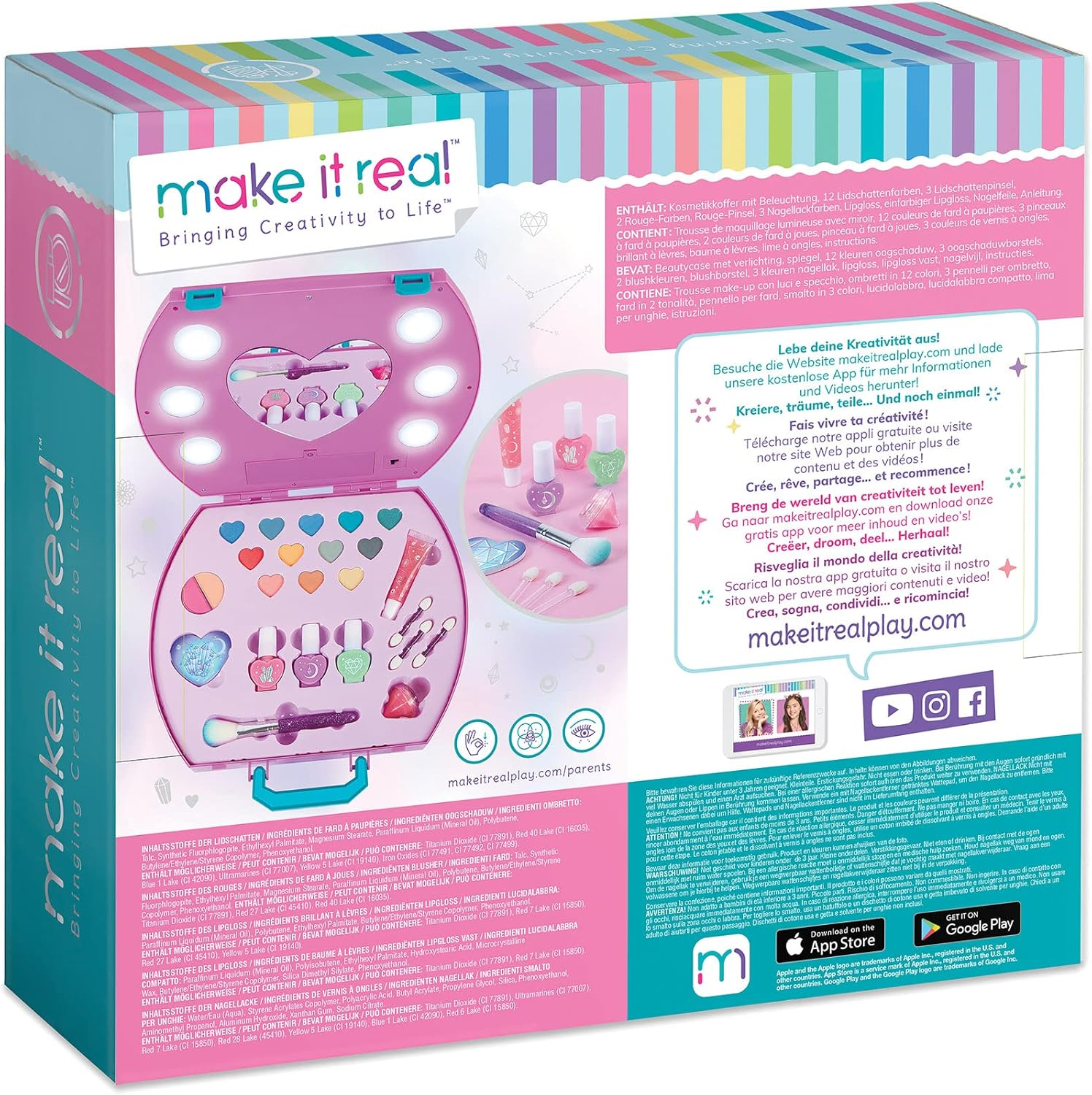 Make It Real - Light-Up Cosmetic Studio - Kids Makeup Case with Mirror and Lights for Girls and Tweens - Includes Eyeshadow, Nail Polish, Blush, Lip Gloss, Nail File, Makeup Brushes image number 1