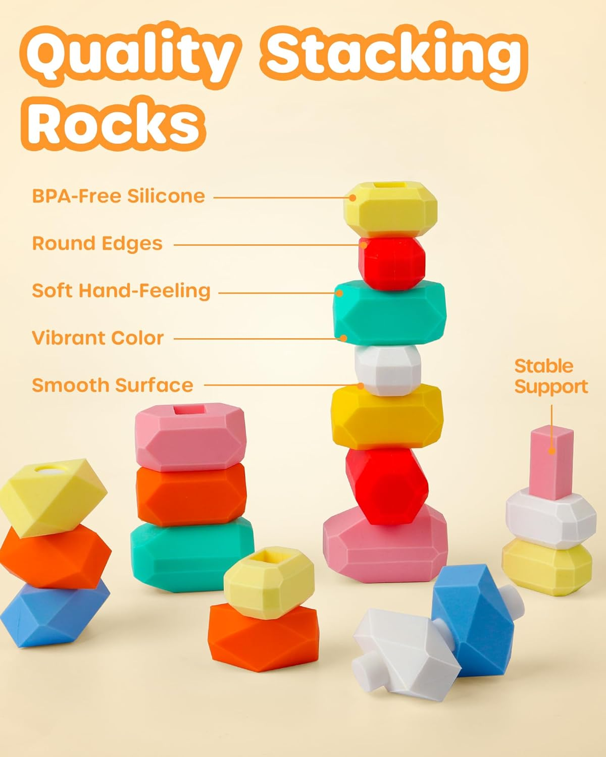 D-Fantix 39 PCS Silicone Sorting Stacking Rocks Stones, Sensory Learning Montessori Toys for 3 4 5 6 Year Old Kids, Educational Stacking Toys Building Blocks for Toddlers image number 2
