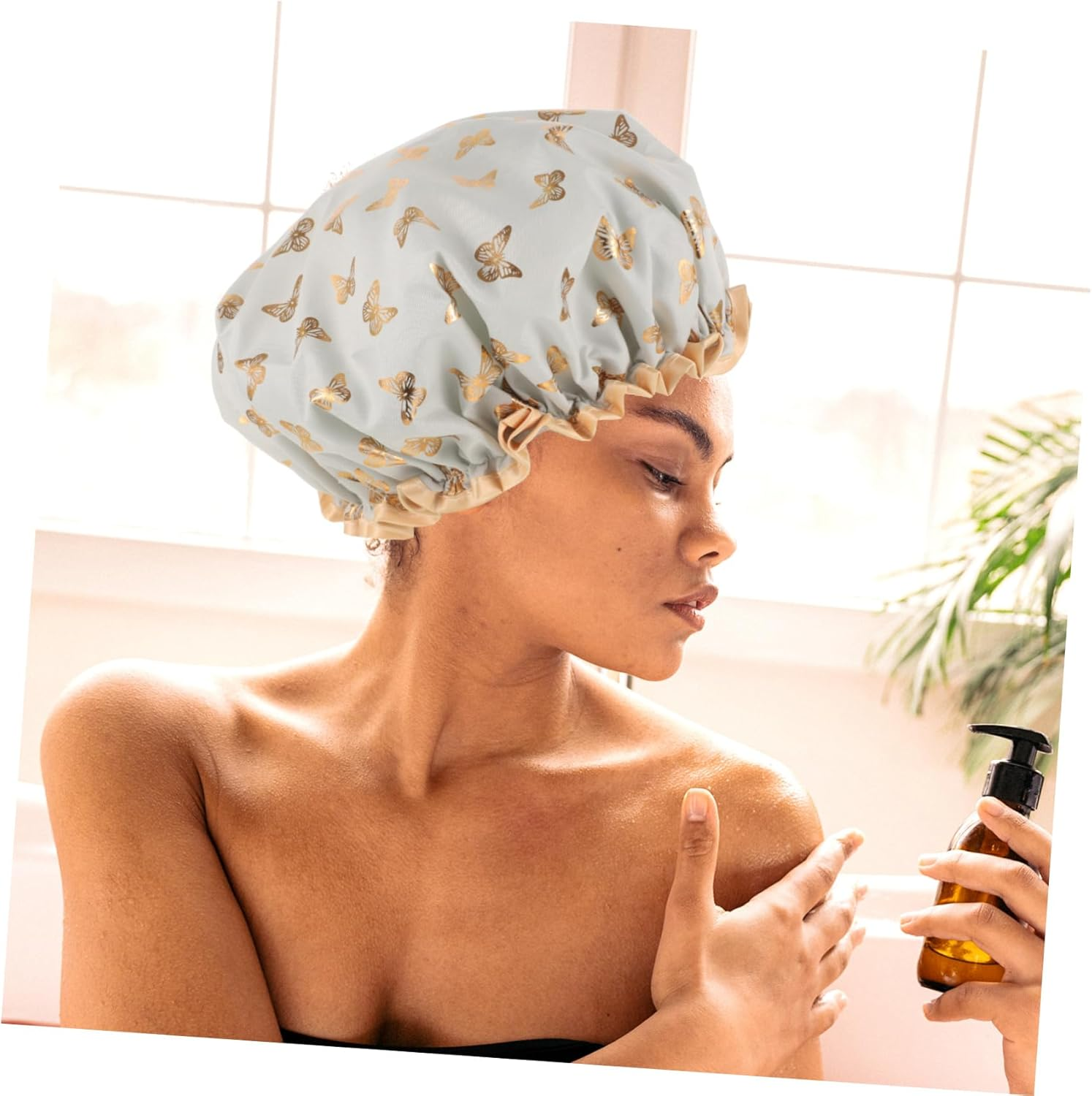 OATIPHO Double Layer Elastic Shower Cap for Women, Waterproof Bath Hair Cover, Extra Large Hair Cap for Bathing and Cooking, Light Green Bath Bonnet for Home Use - Black image number 3