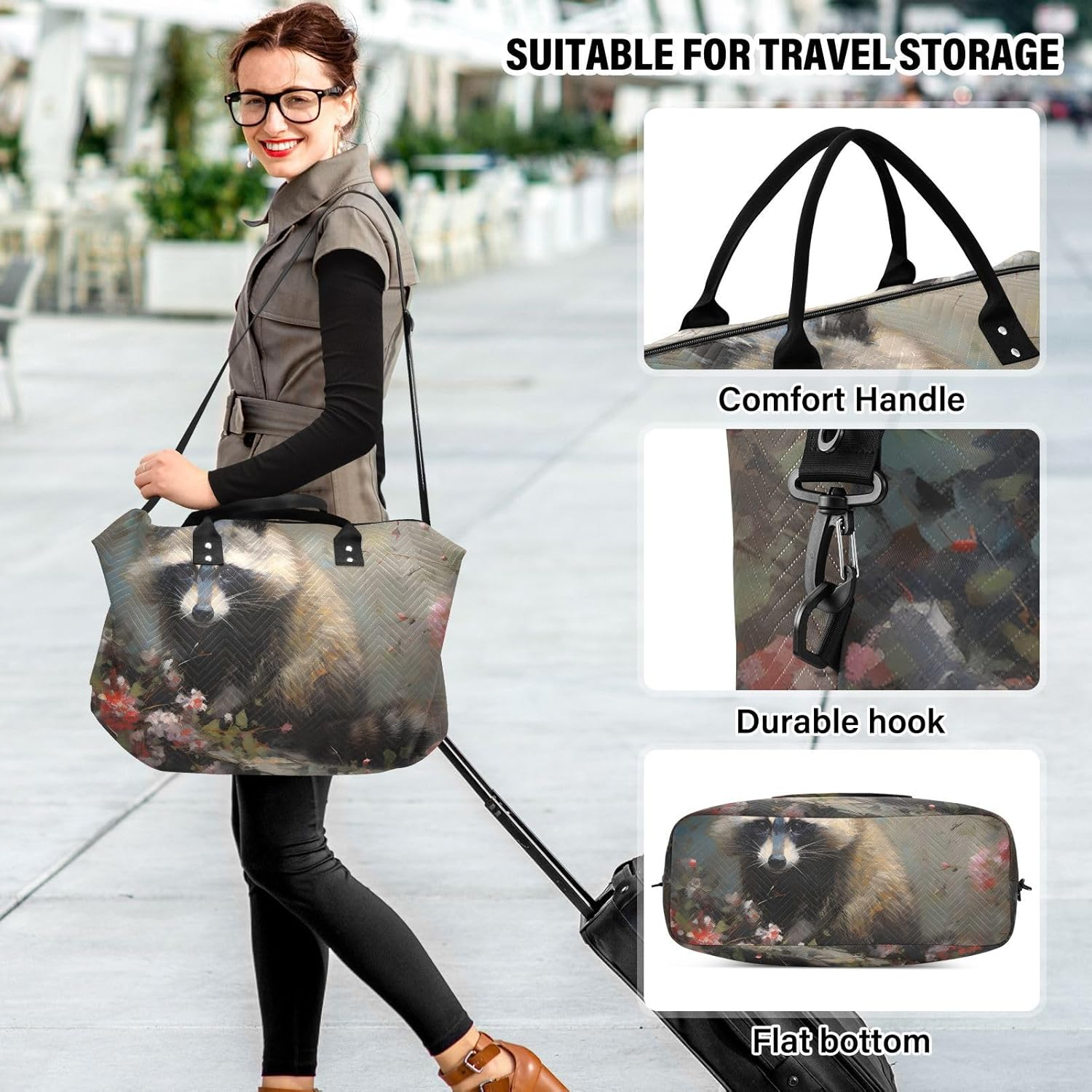 WOIWB Duffel Bag Set with Toiletry Bag for Travel Gym Sport, Luggage Sleeve Weekender Bag Carry on Overnight Bag-Paint of Raccoon Print, Multicolor, 20.5 X 7.9 X 13.8 Inches+9.1 X 3.5 X 5.9 Inches image number 4